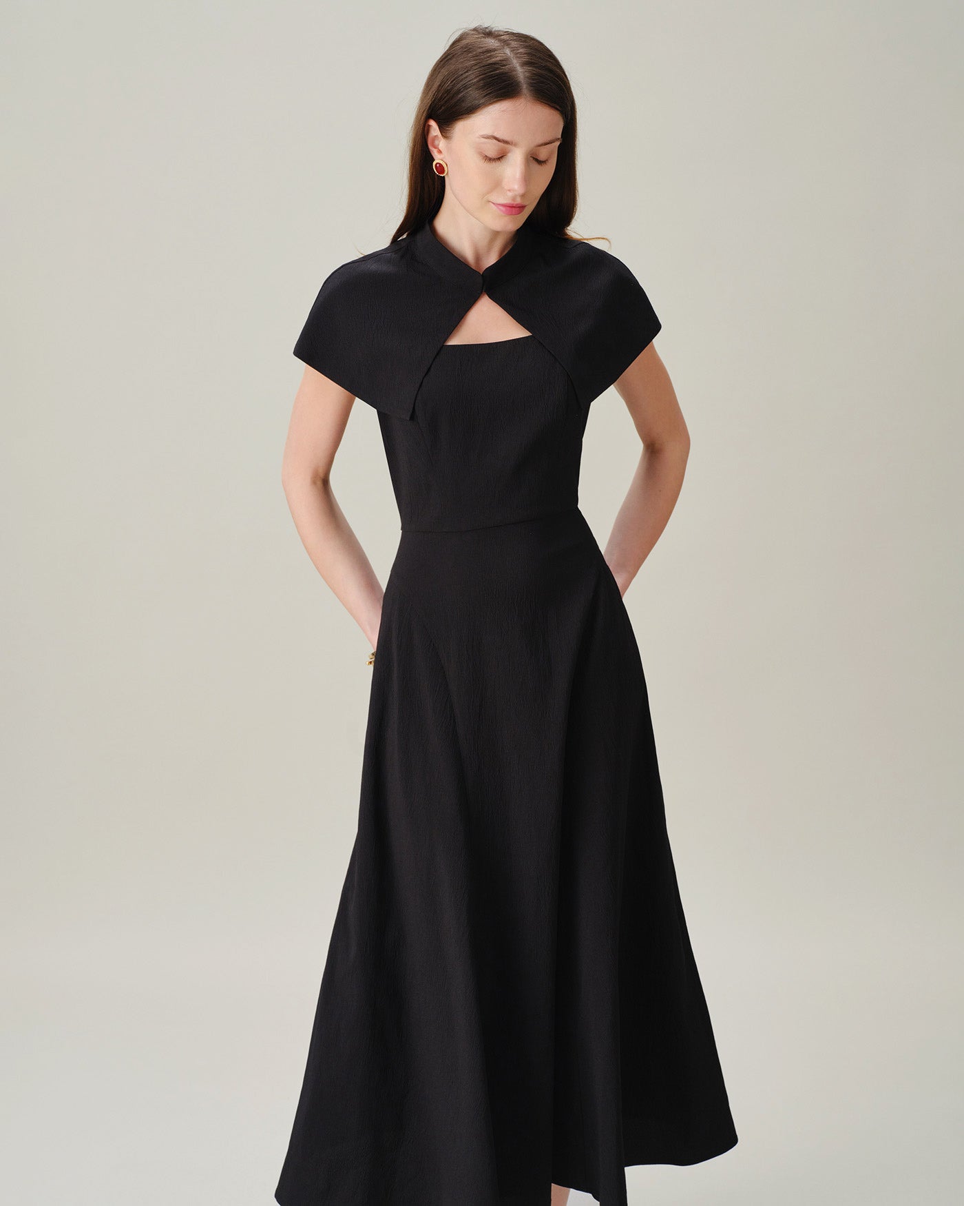 Black Square Neck Sleeveless Button Midi Dress