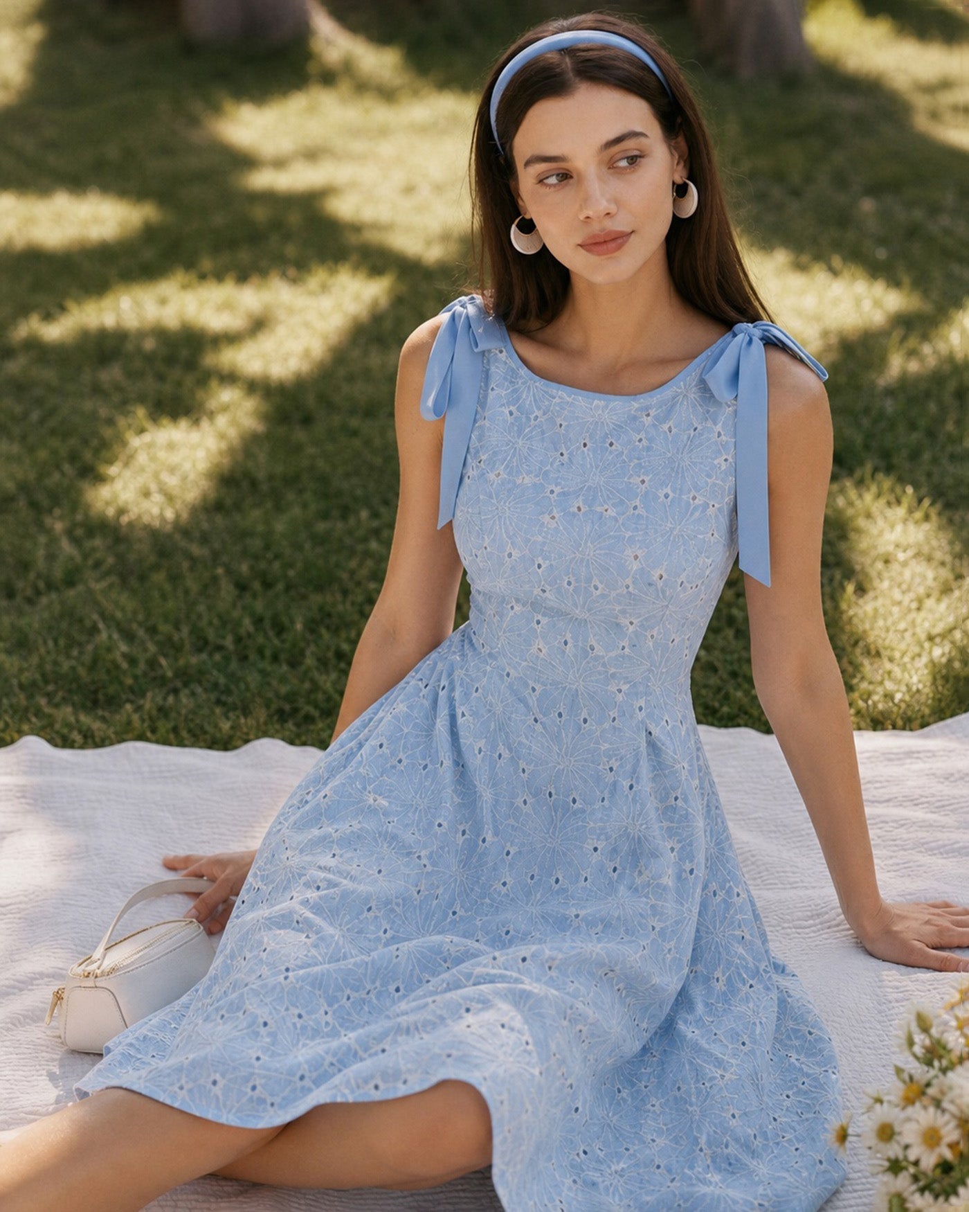 Blue Boat Neck Embroidery Midi Dress