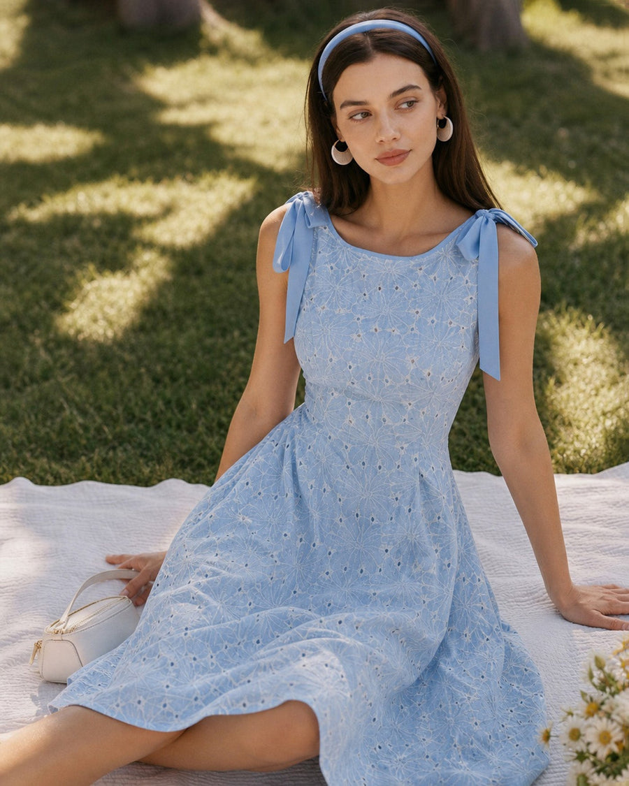 Blue Boat Neck Embroidery Midi Dress