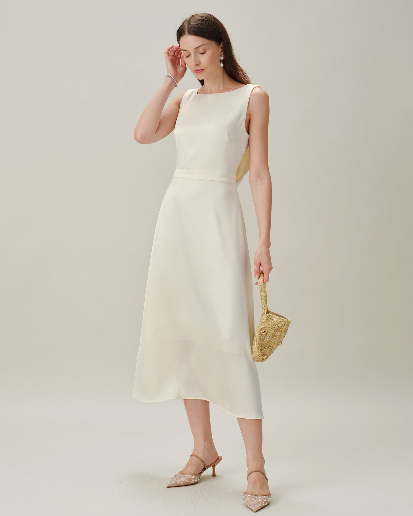 Apricot Boat Neck Pearl Satin Midi Dress