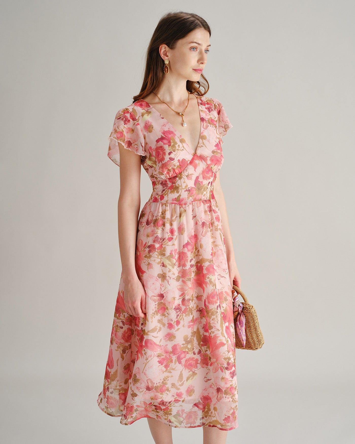Pink V Neck Floral Chiffon Midi Dress