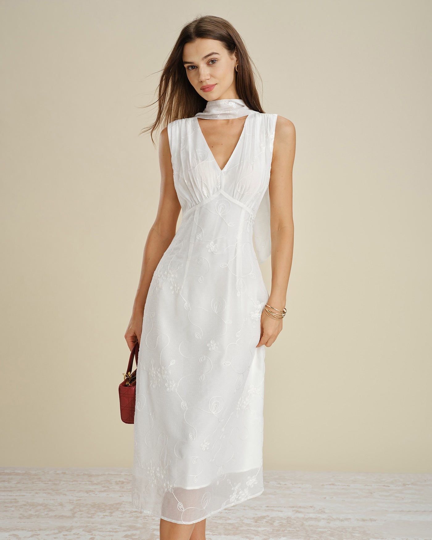 White V Neck Floral Embroidery Midi Dress