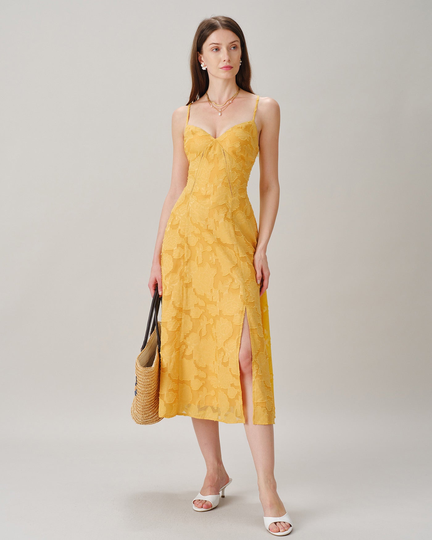 Yellow X Cross Jacquard Slip Midi Dress