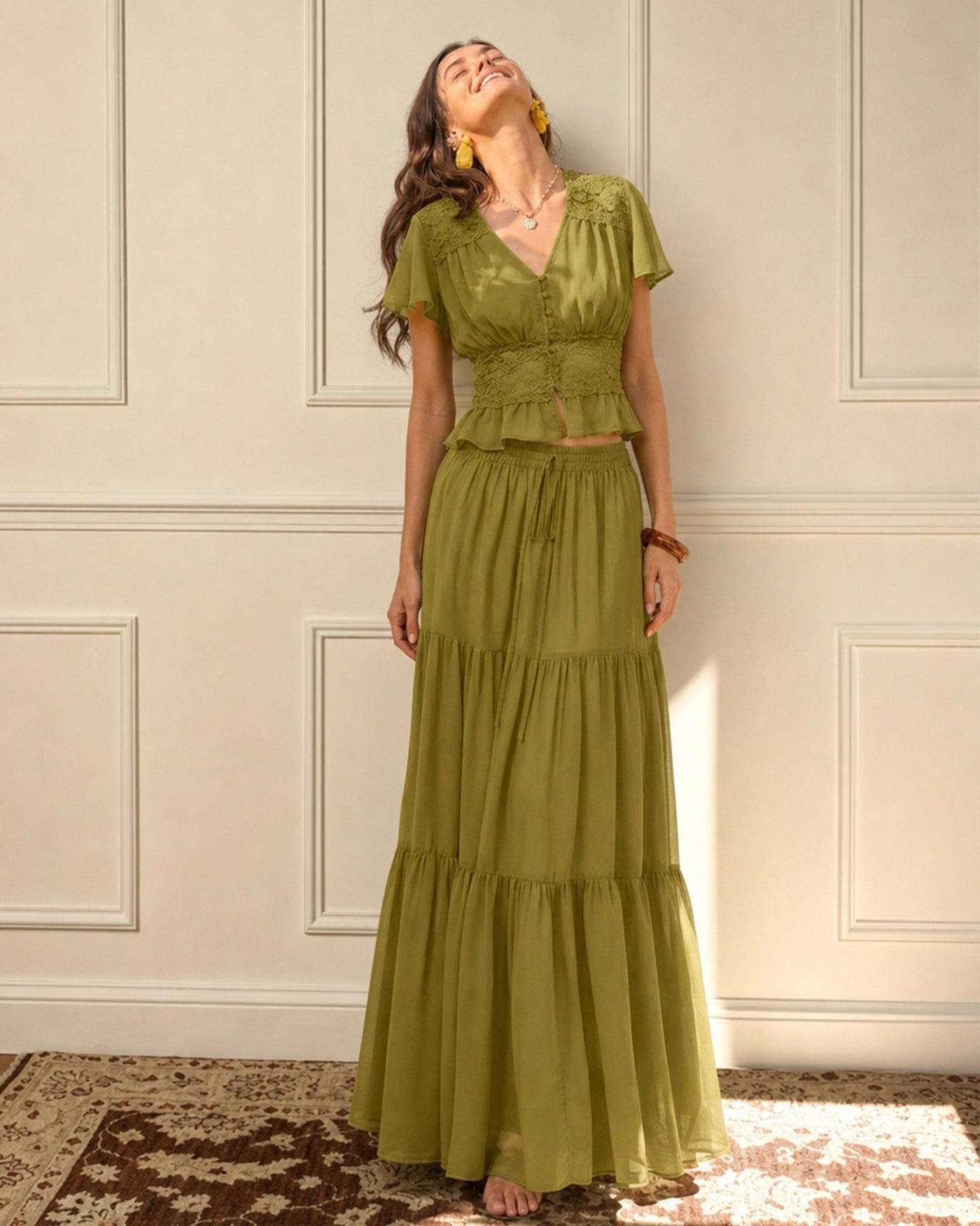 Green Elastic Waist Chiffon Maxi Skirt