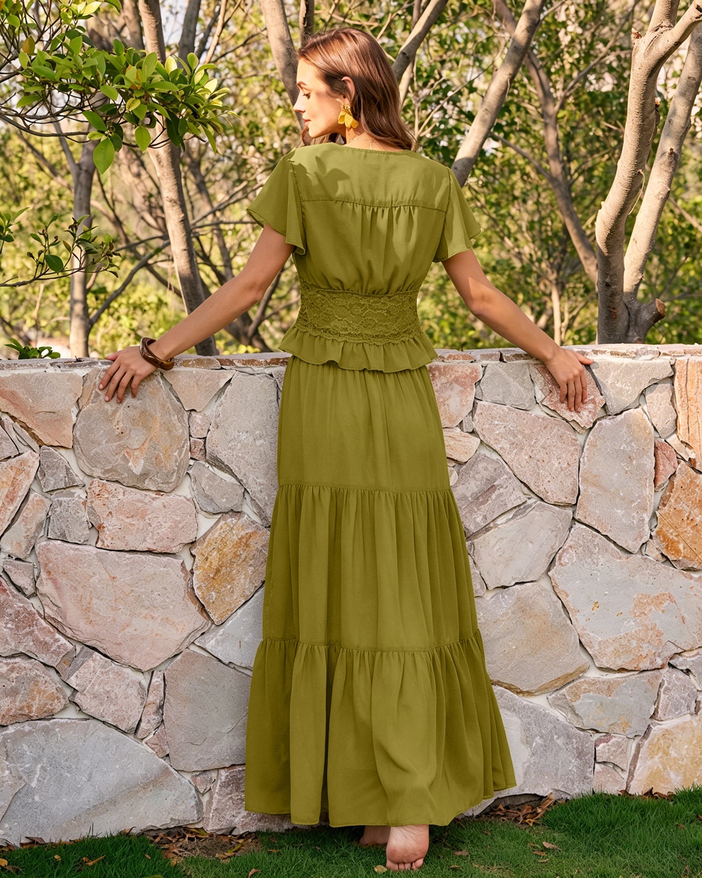 Green Elastic Waist Chiffon Maxi Skirt