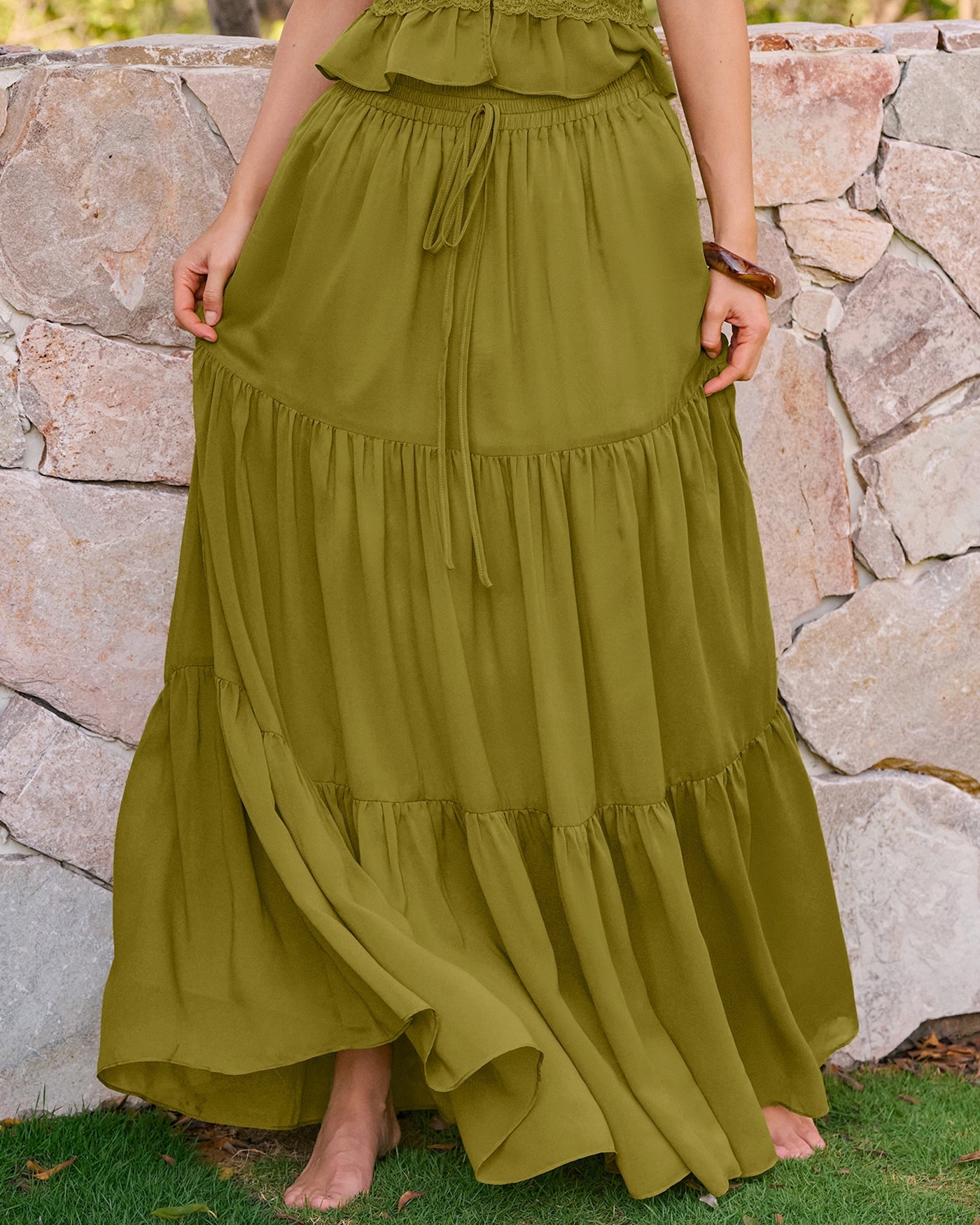 Green Elastic Waist Chiffon Maxi Skirt