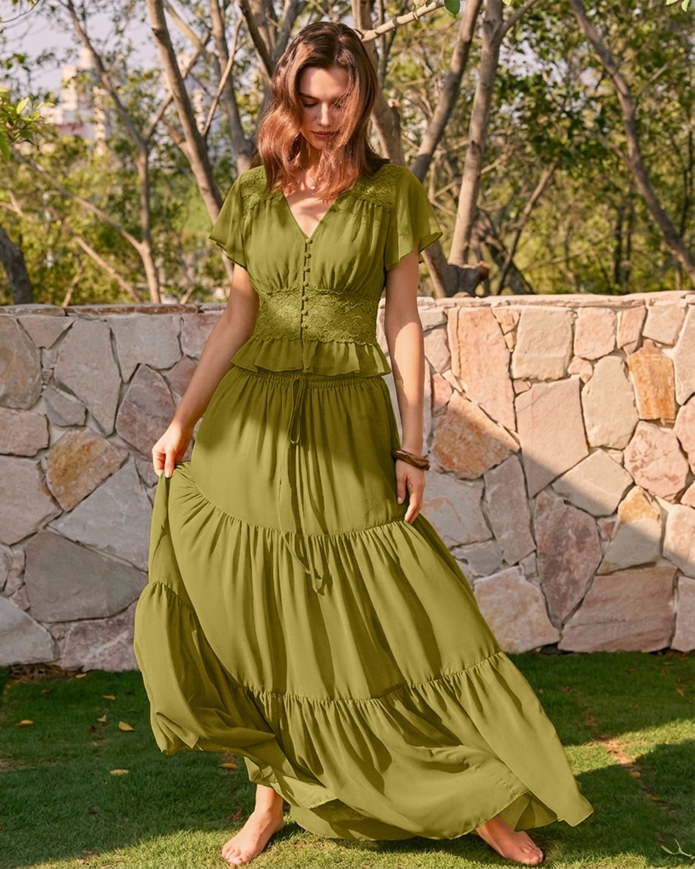Green Elastic Waist Chiffon Maxi Skirt