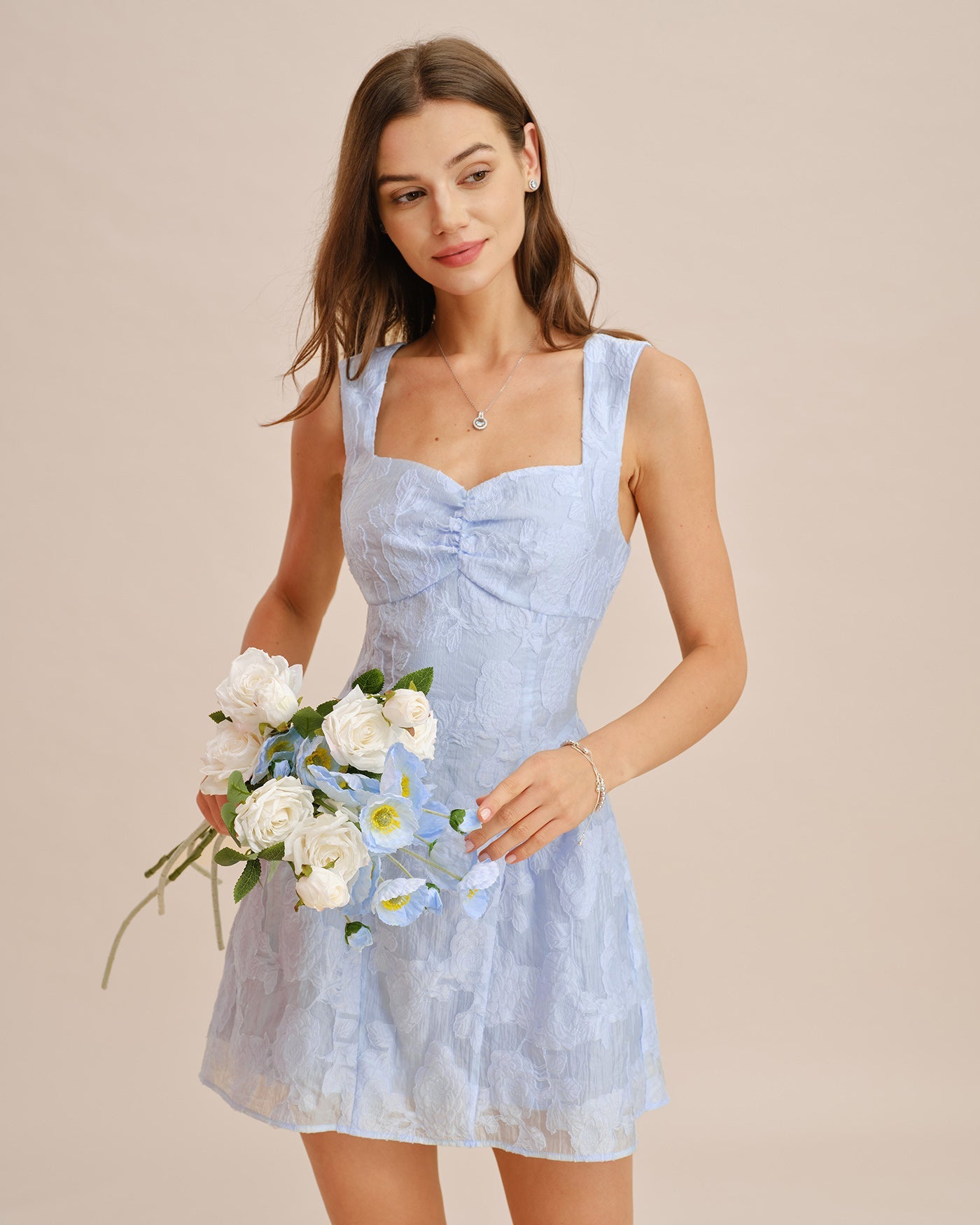 Blue Sweetheart Neck Jacquard Mini Dress