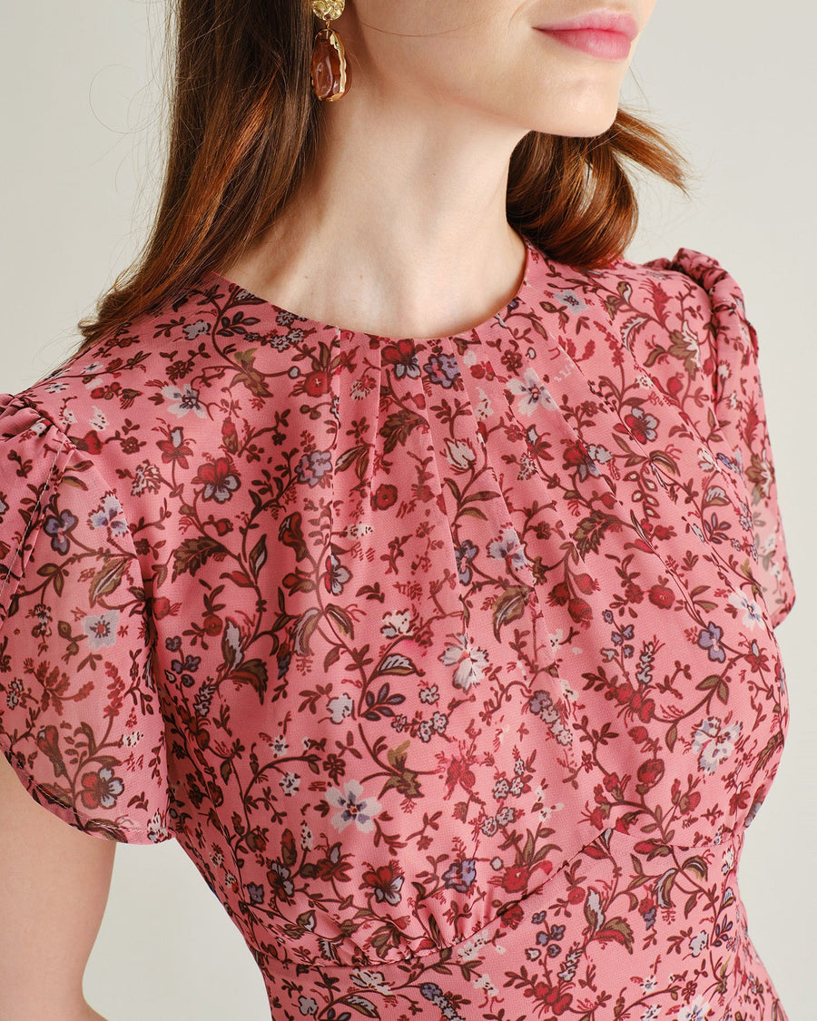 Pink Floral Ruffle Chiffon Mini Dress