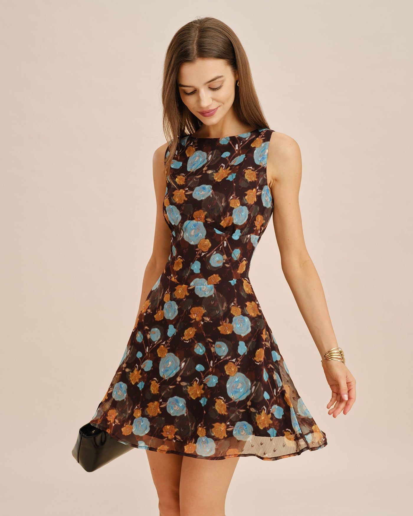 Coffee Boat Neck Floral Mini Dress