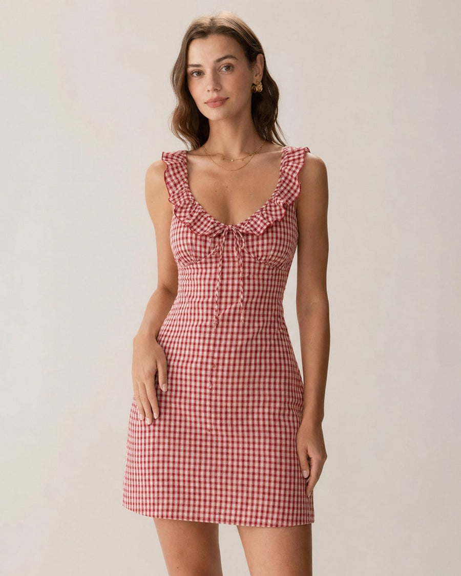 Red V Neck Plaid Slip Mini Dress