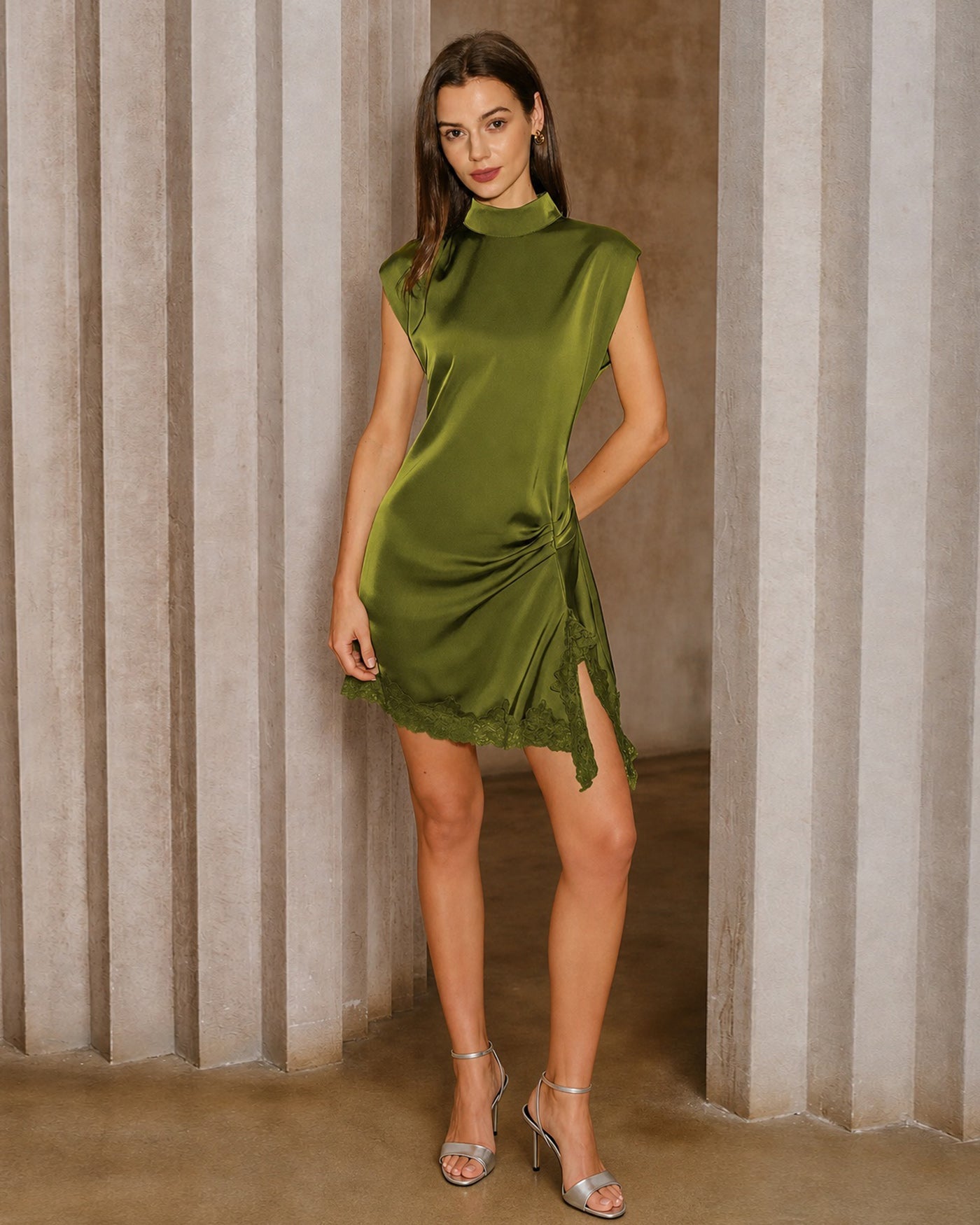 Green Turtle Lace Splicing Mini Dress
