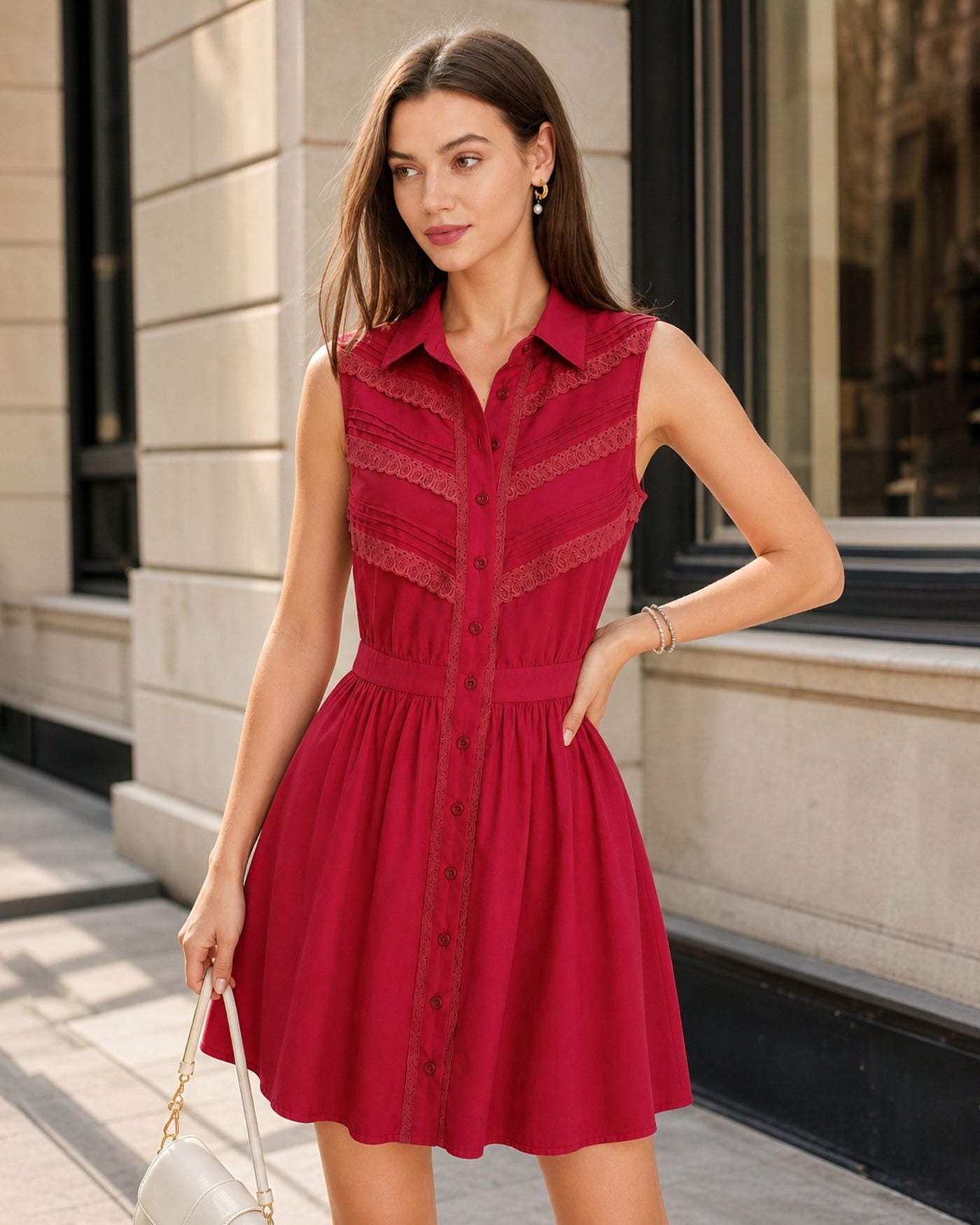 Red Collar Lace Button Mini Dress