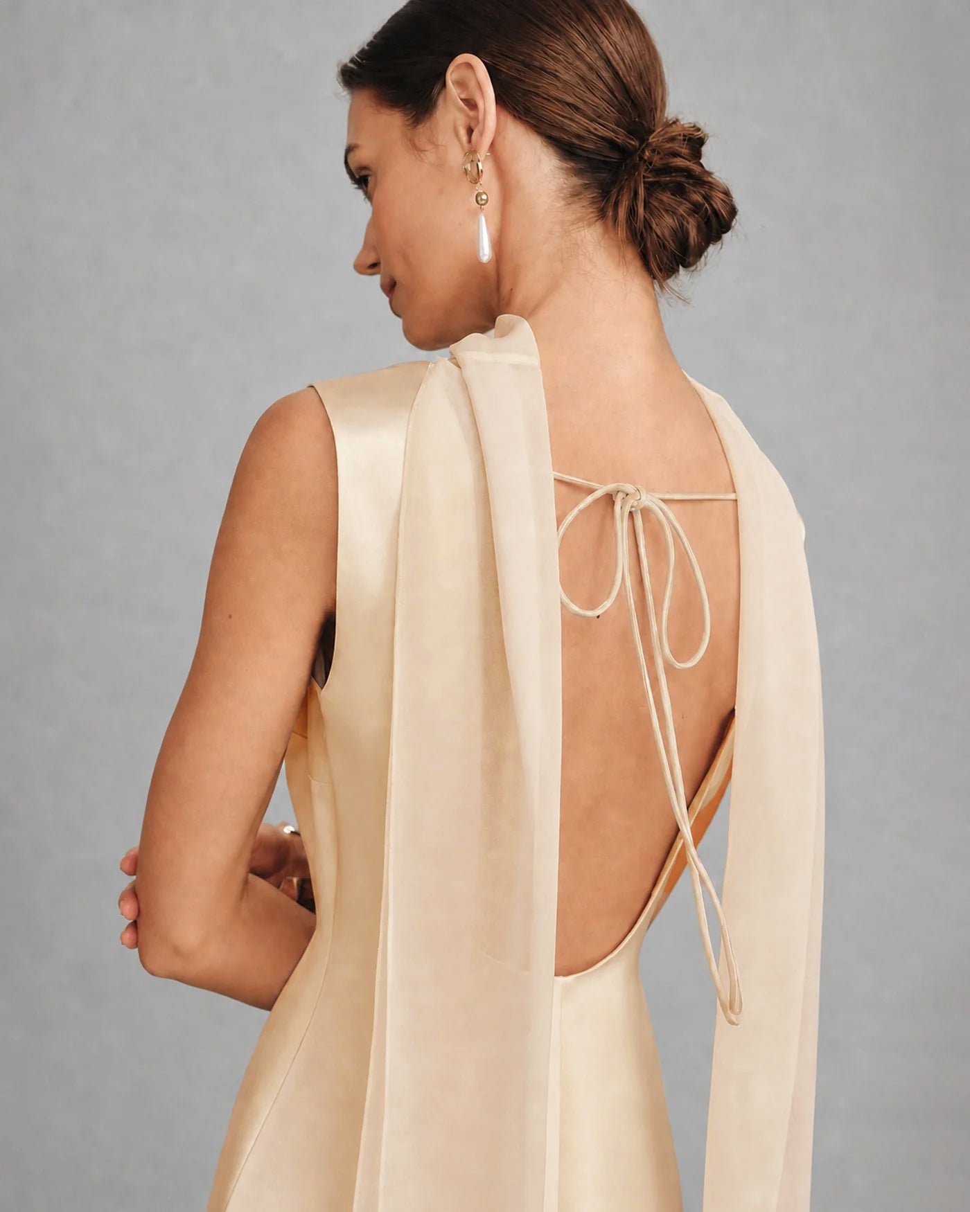 Apricot Boat Neck Tie Satin Mini Dress