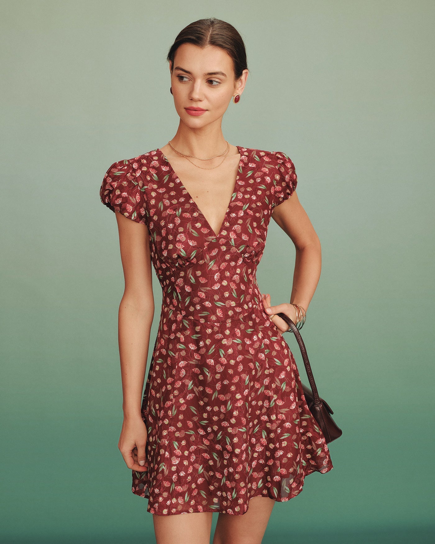 Red V Neck Jacquard Tunic Mini Dress
