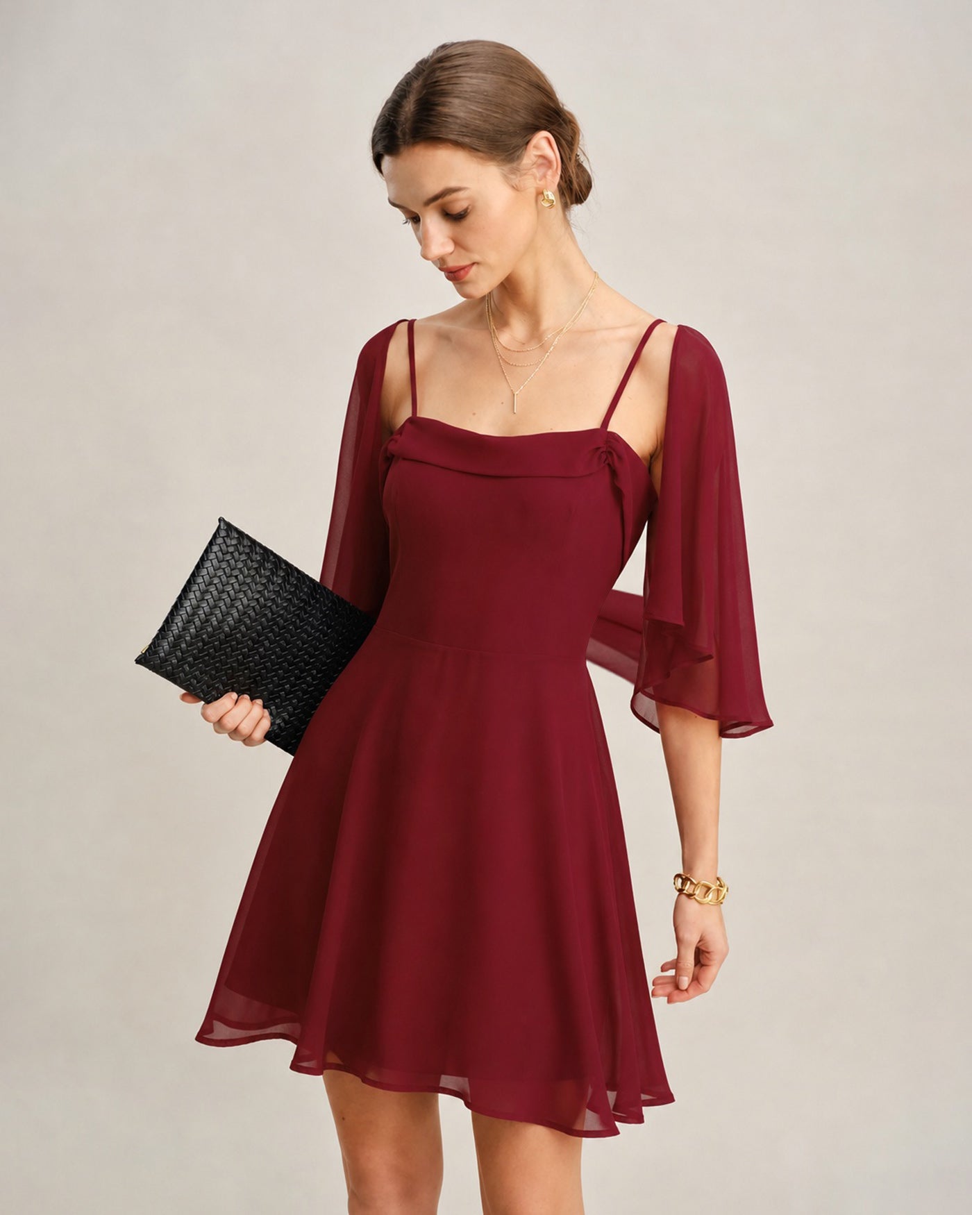 Red Ruched Slip Chiffon Mini Dress