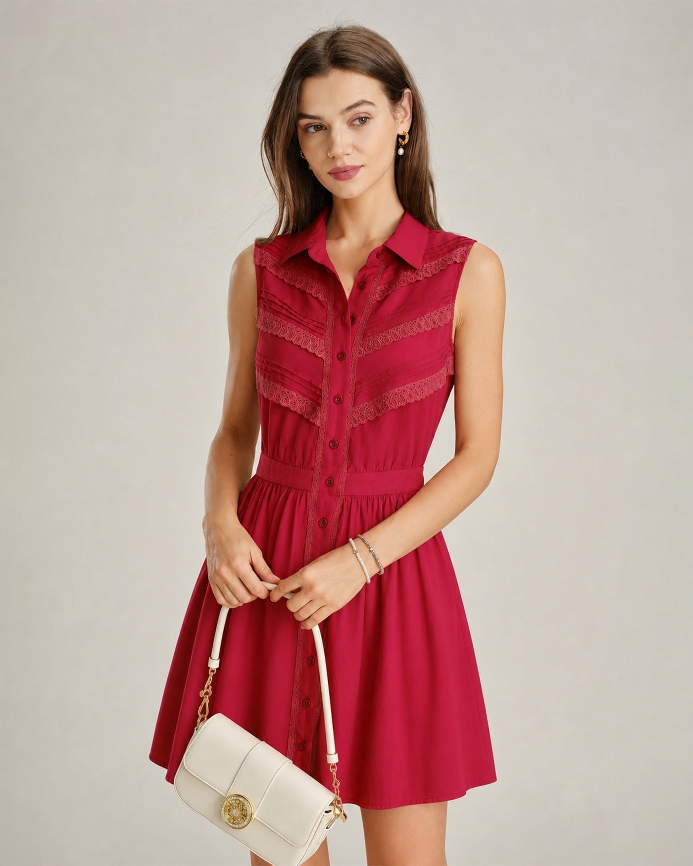 Red Collar Lace Button Mini Dress