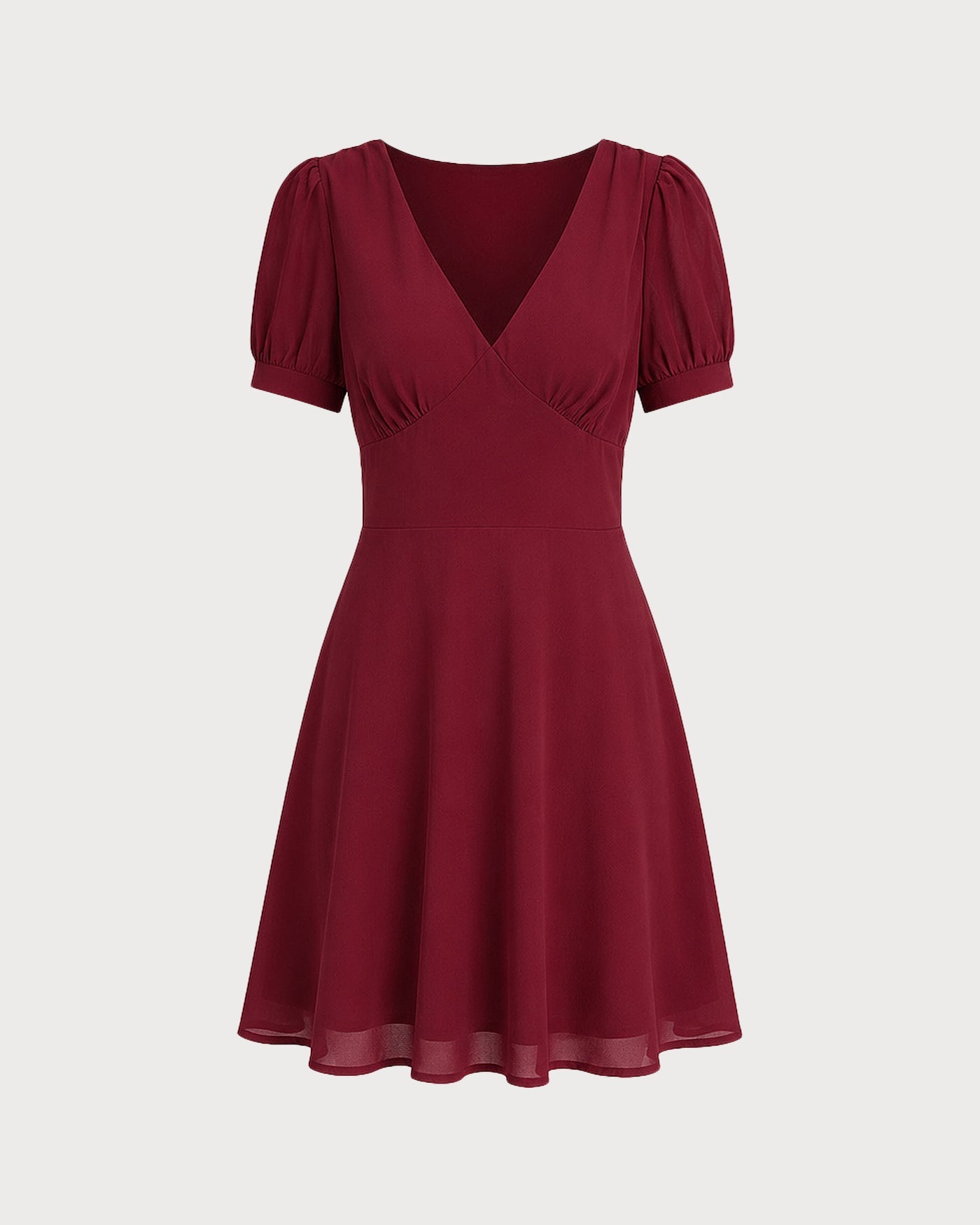 Red V Neck Puffed Sleeve Mini Dress