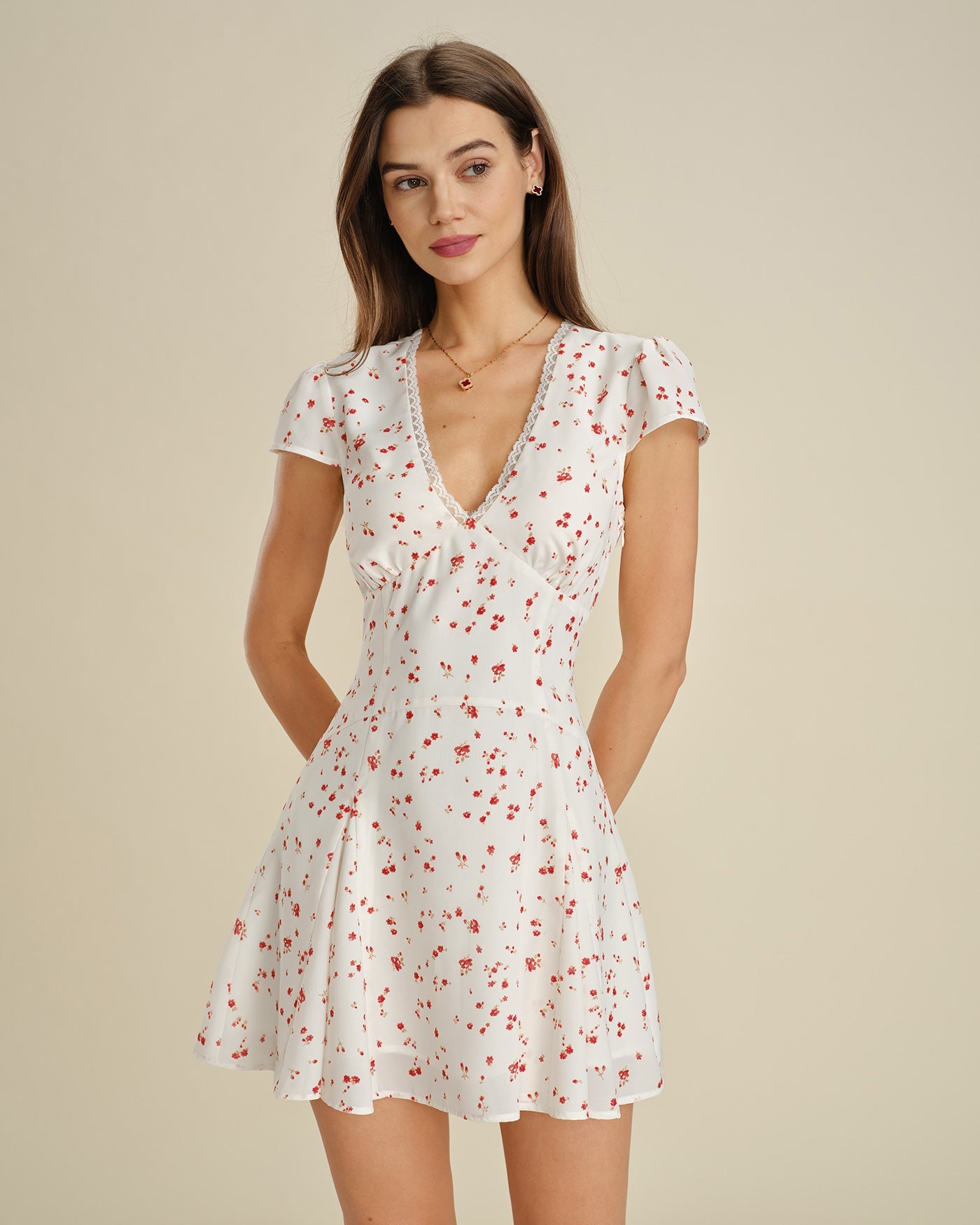 Off White V Neck Lace Floral Mini Dress