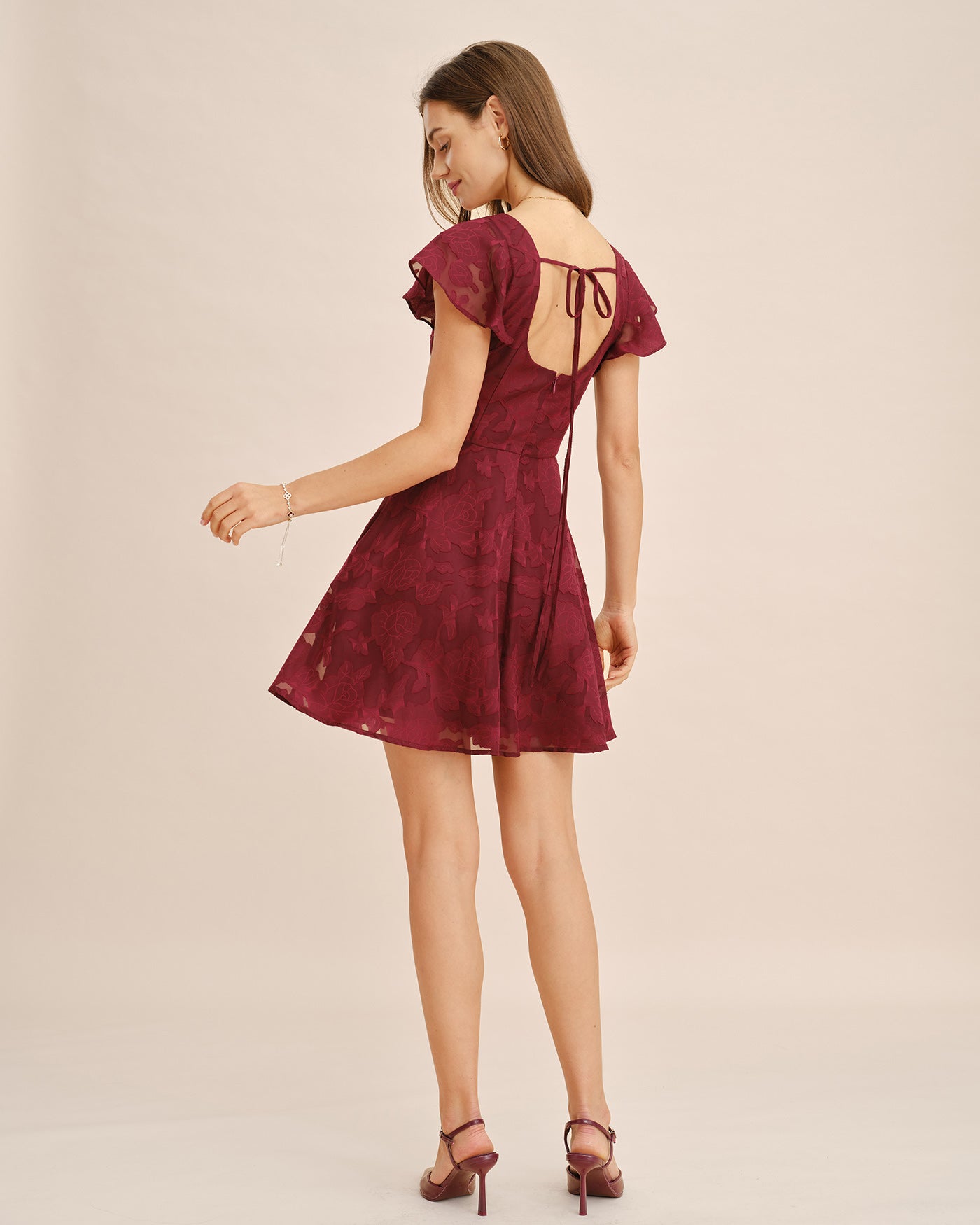 Wine Red Square Neck Jacquard Mini Dress
