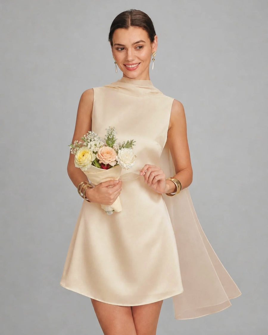 Apricot Boat Neck Tie Satin Mini Dress