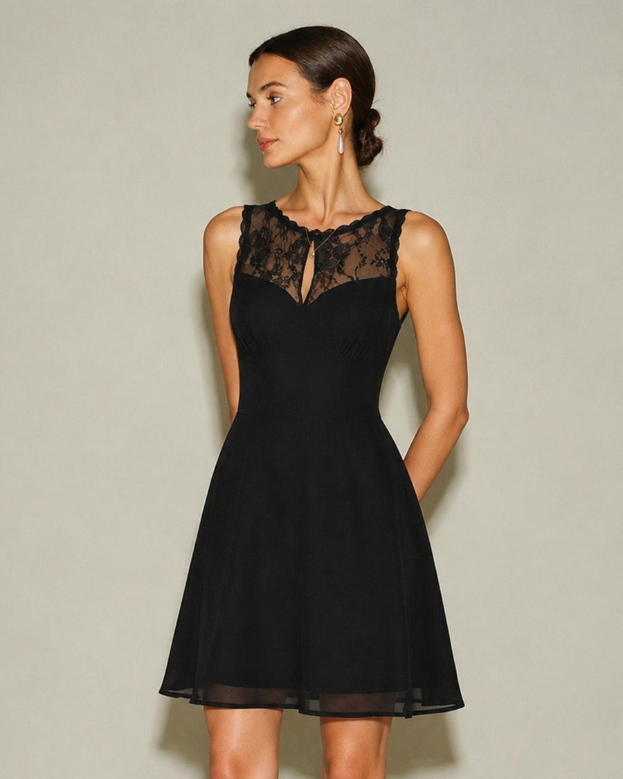Black Sleeveless Boat Neck Lace Mini Dress