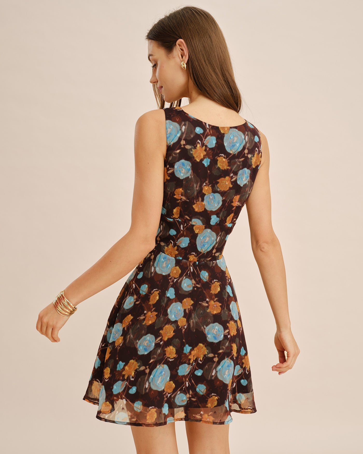 Coffee Boat Neck Floral Mini Dress