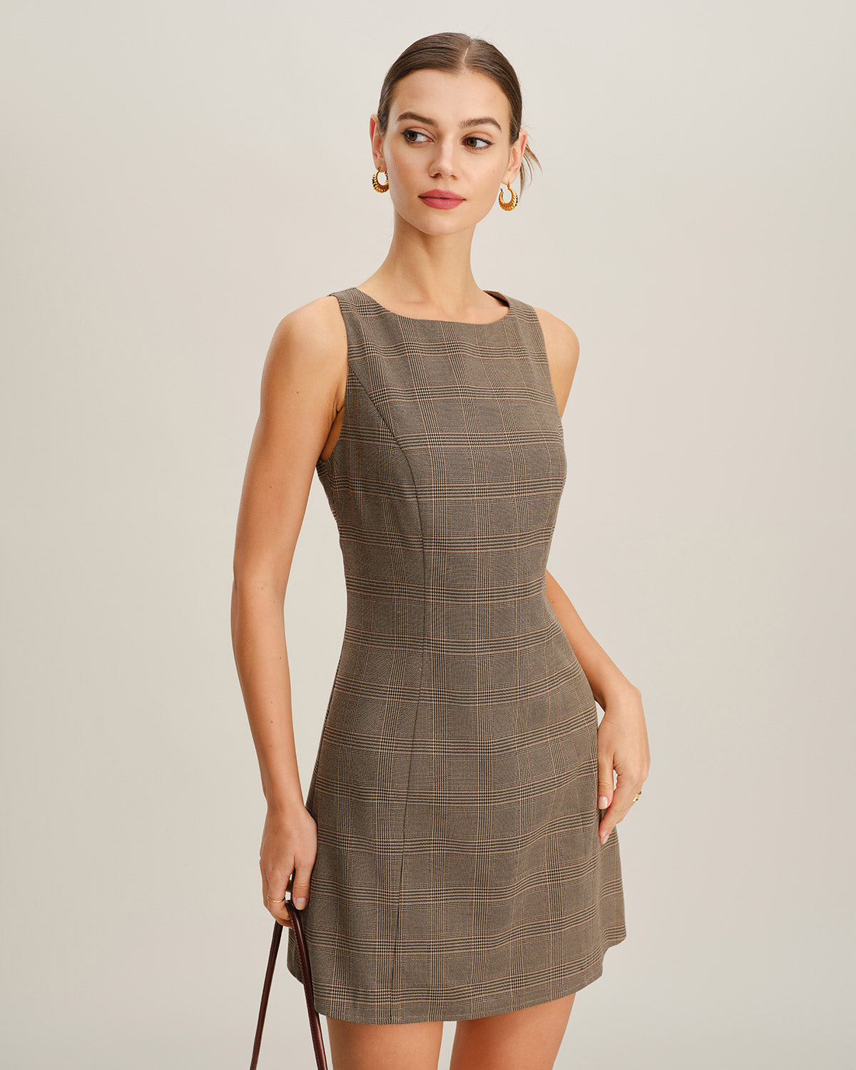 Brown Plaid Sleeveless Mini Dress