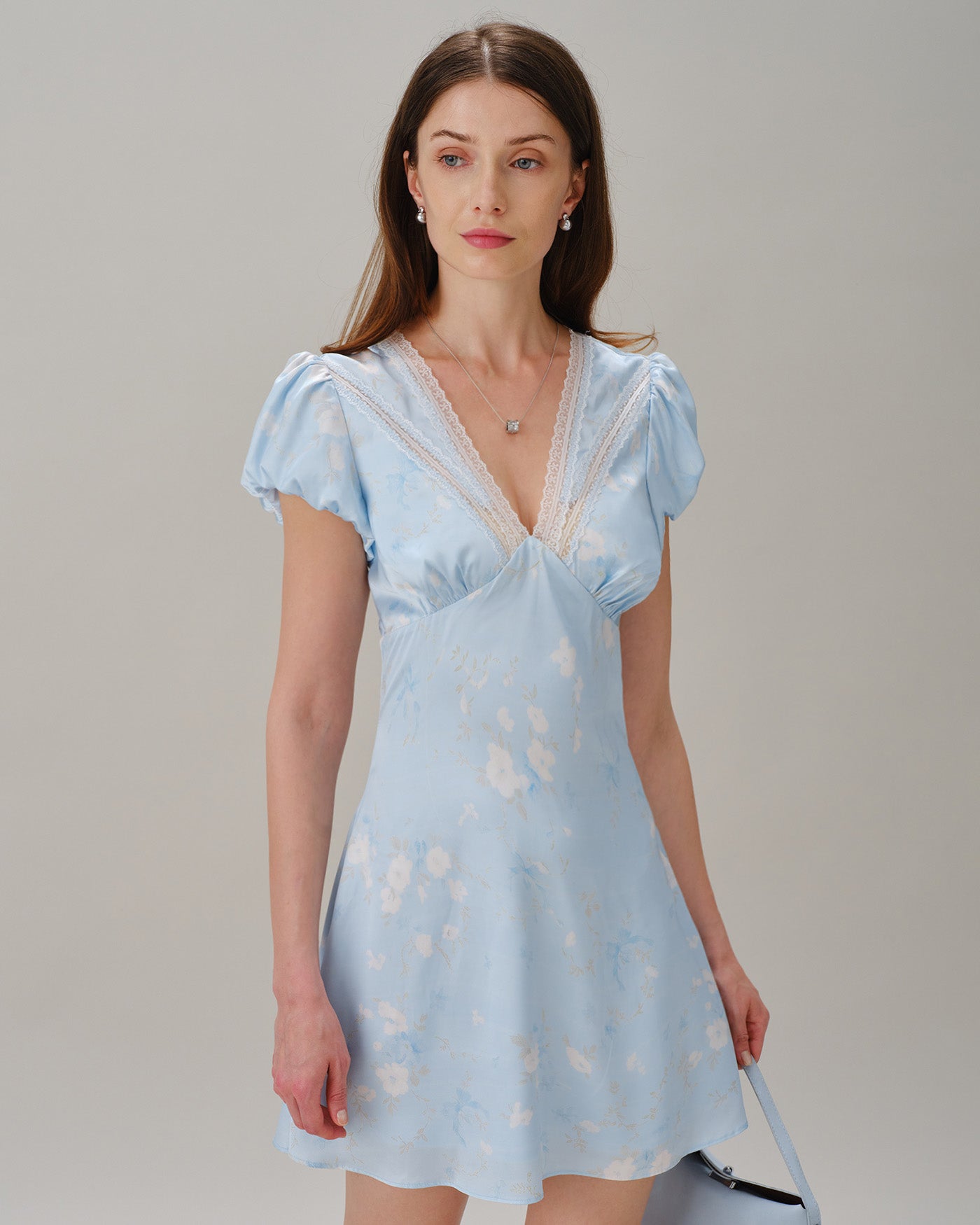Blue V Neck Lace Splicing Floral Mini Dress