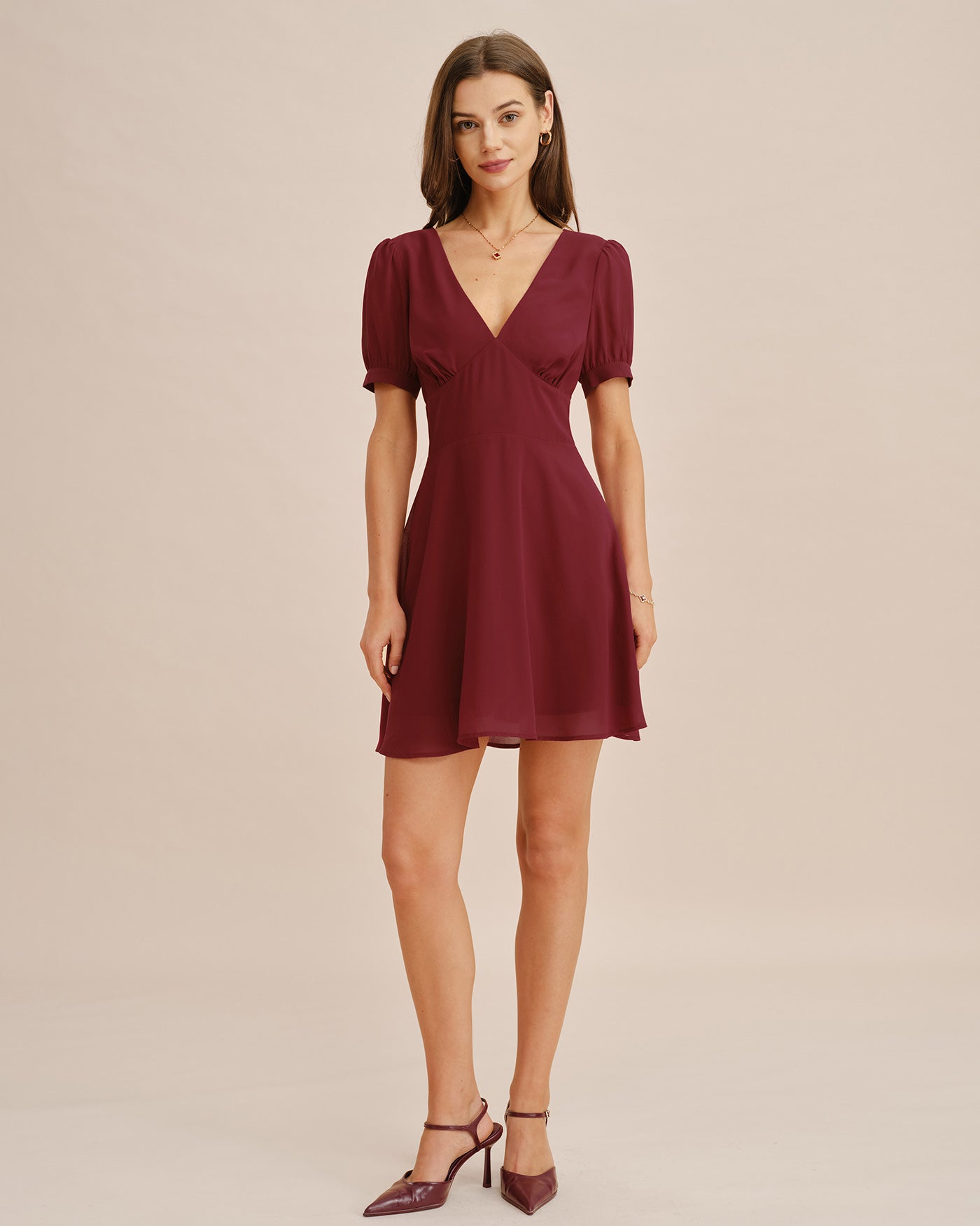 Red V Neck Puffed Sleeve Mini Dress