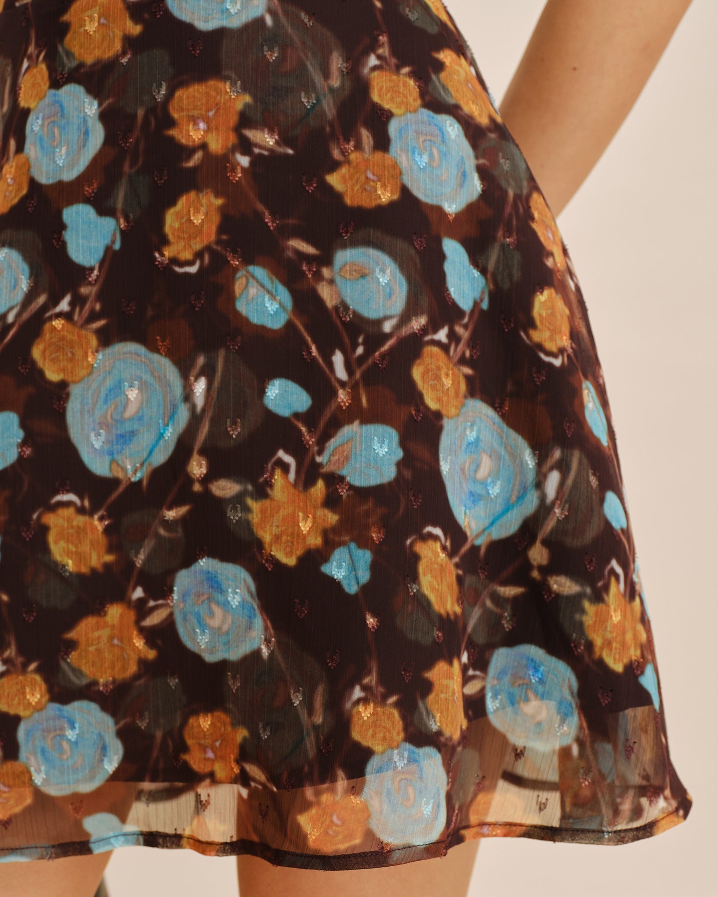Coffee Boat Neck Floral Mini Dress