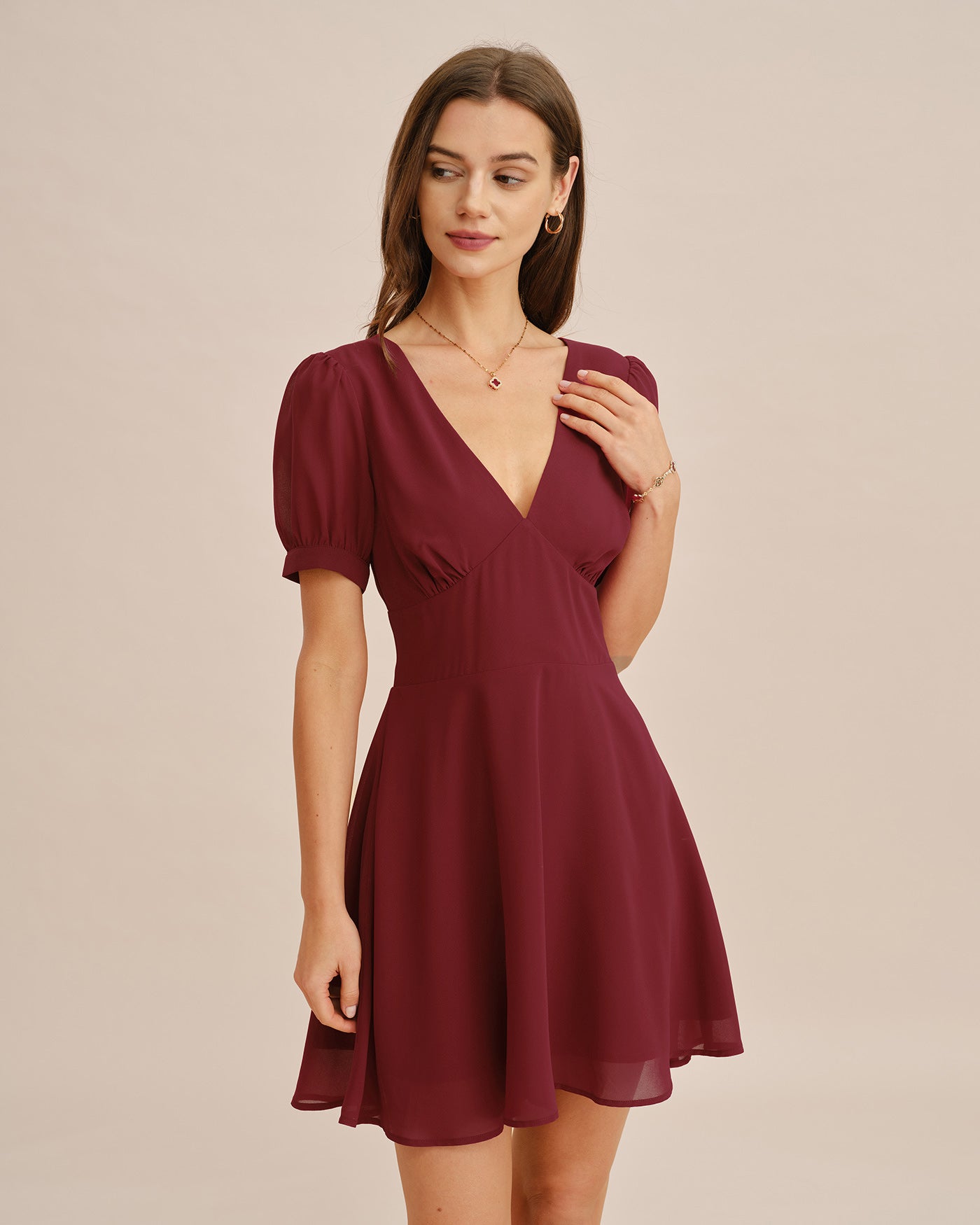 Red V Neck Puffed Sleeve Mini Dress