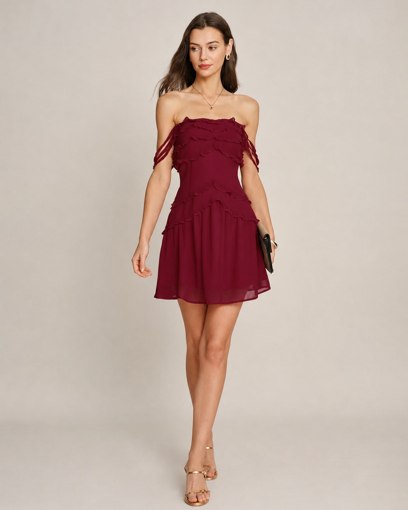 Red Ruffle Strapless Chiffon Mini Dress