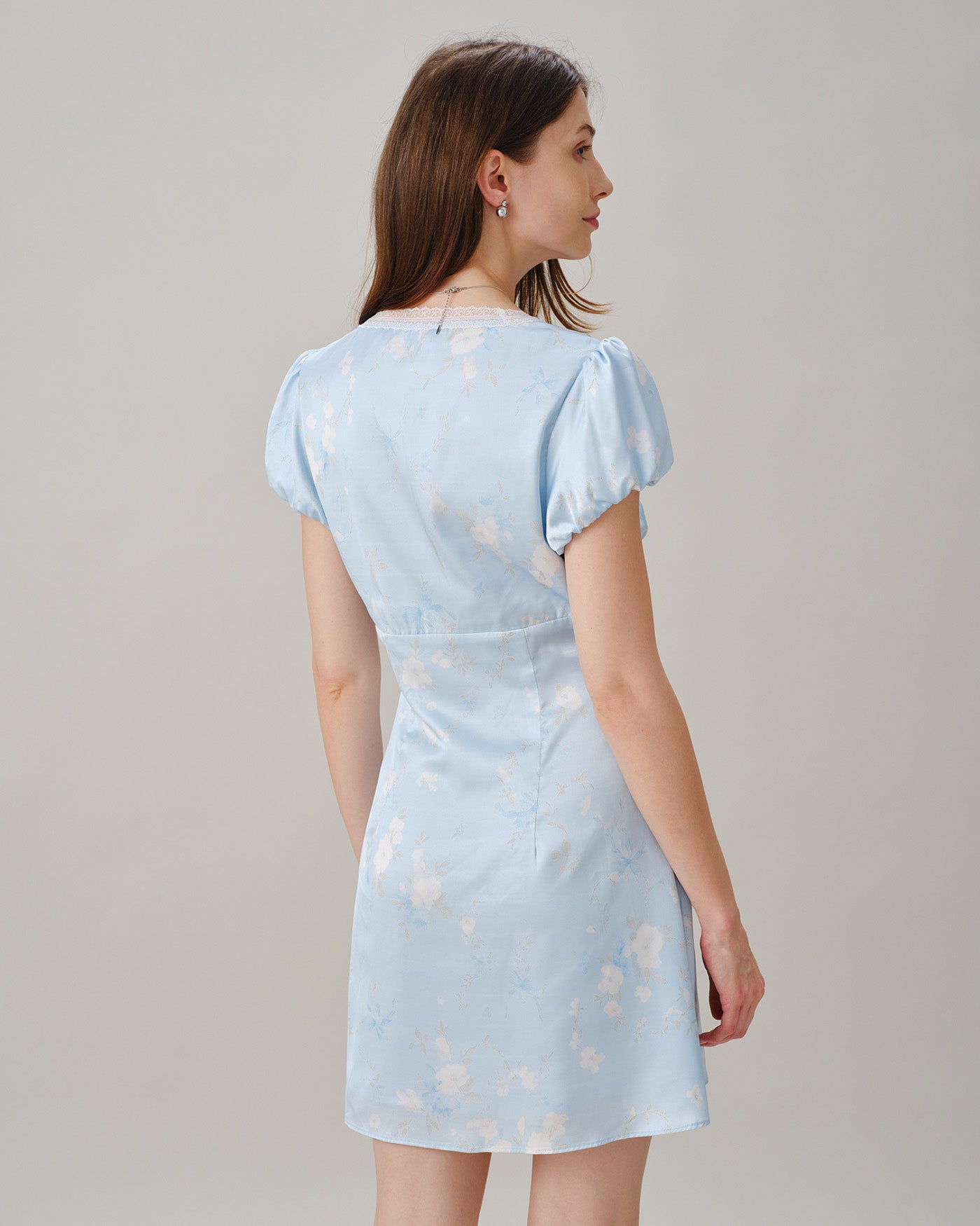 Blue V Neck Lace Splicing Floral Mini Dress