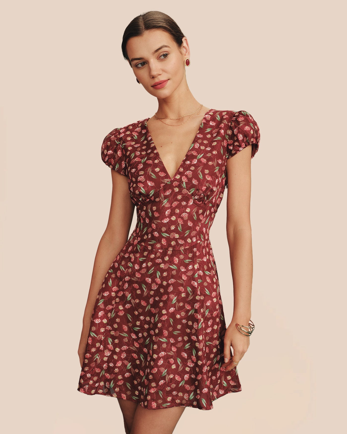 Red V Neck Jacquard Tunic Mini Dress