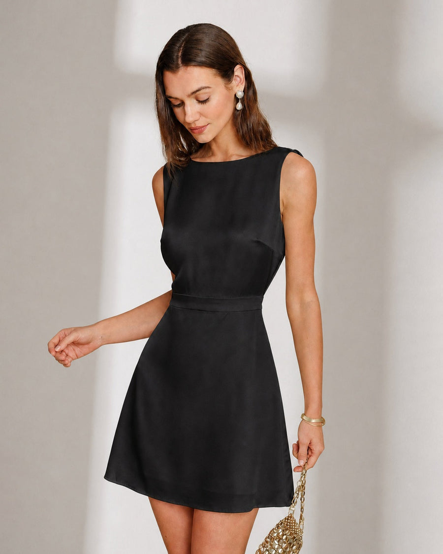 Black Boat Neck Pearl A-Line Mini Dress