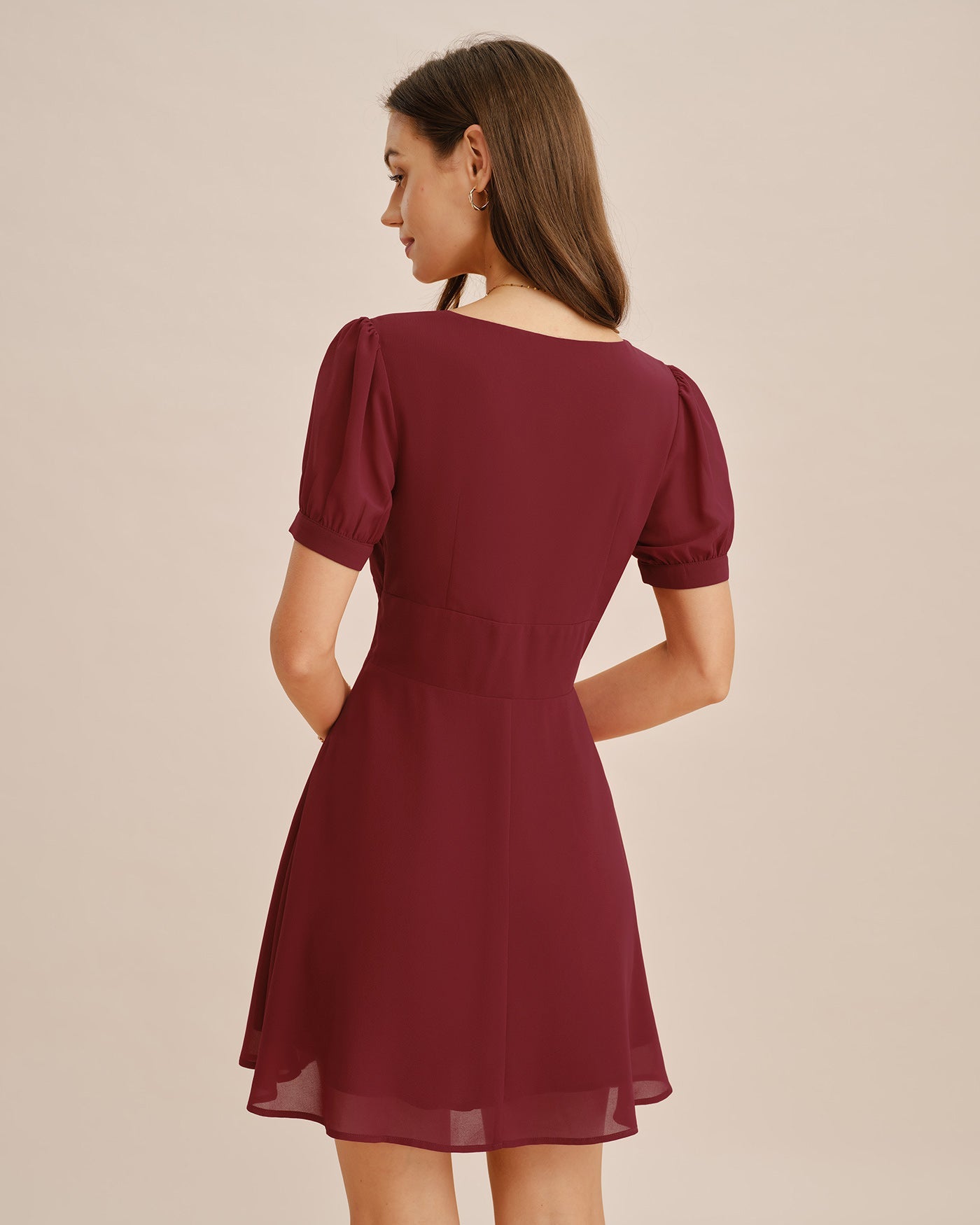 Red V Neck Puffed Sleeve Mini Dress