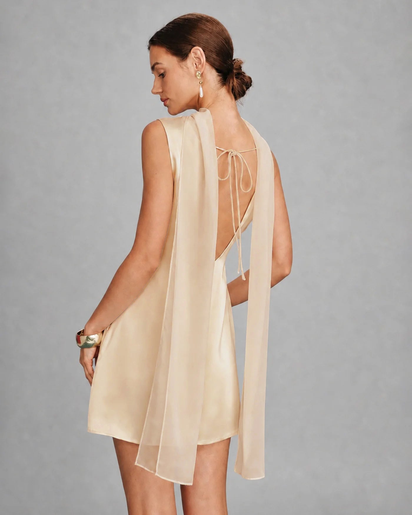 Apricot Boat Neck Tie Satin Mini Dress