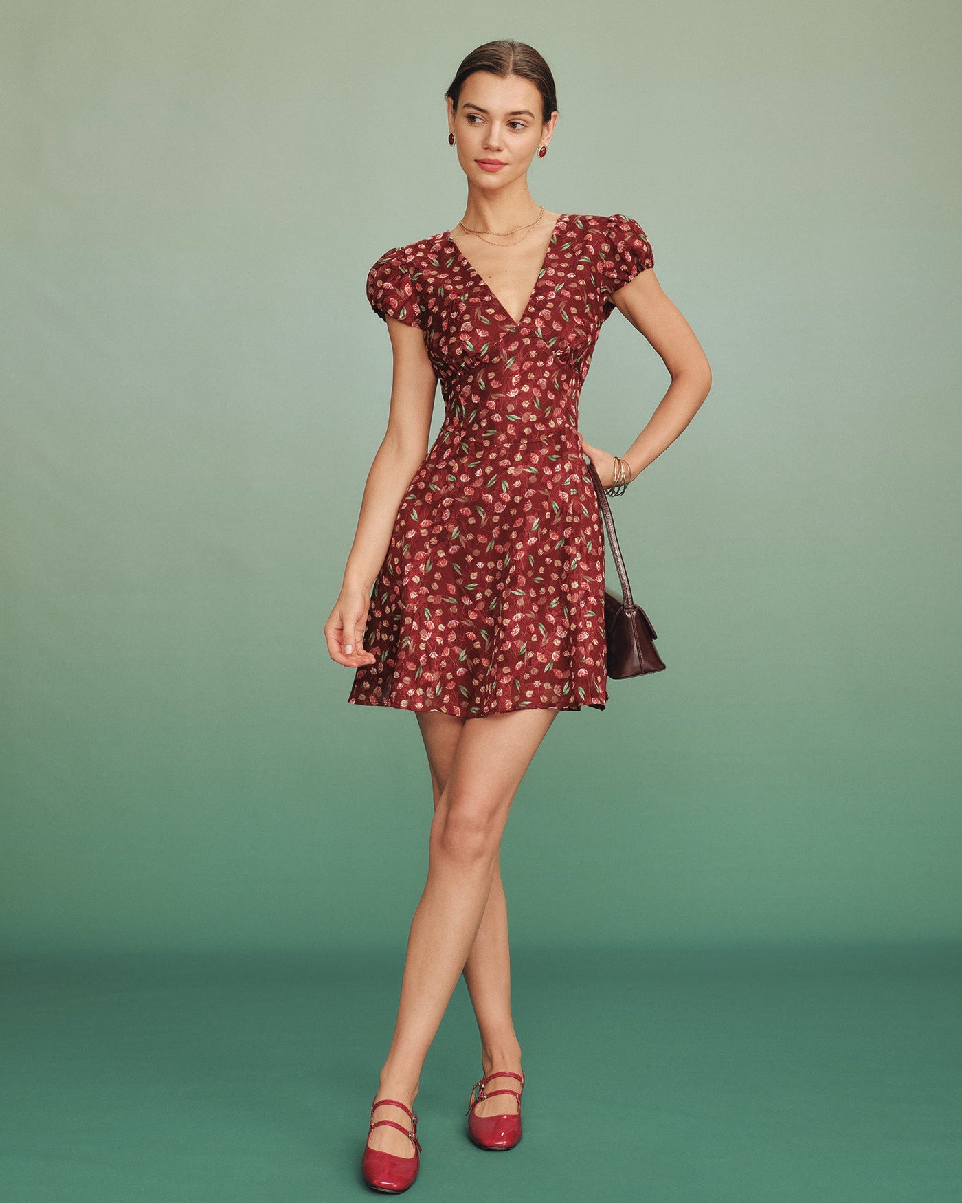 Red V Neck Jacquard Tunic Mini Dress