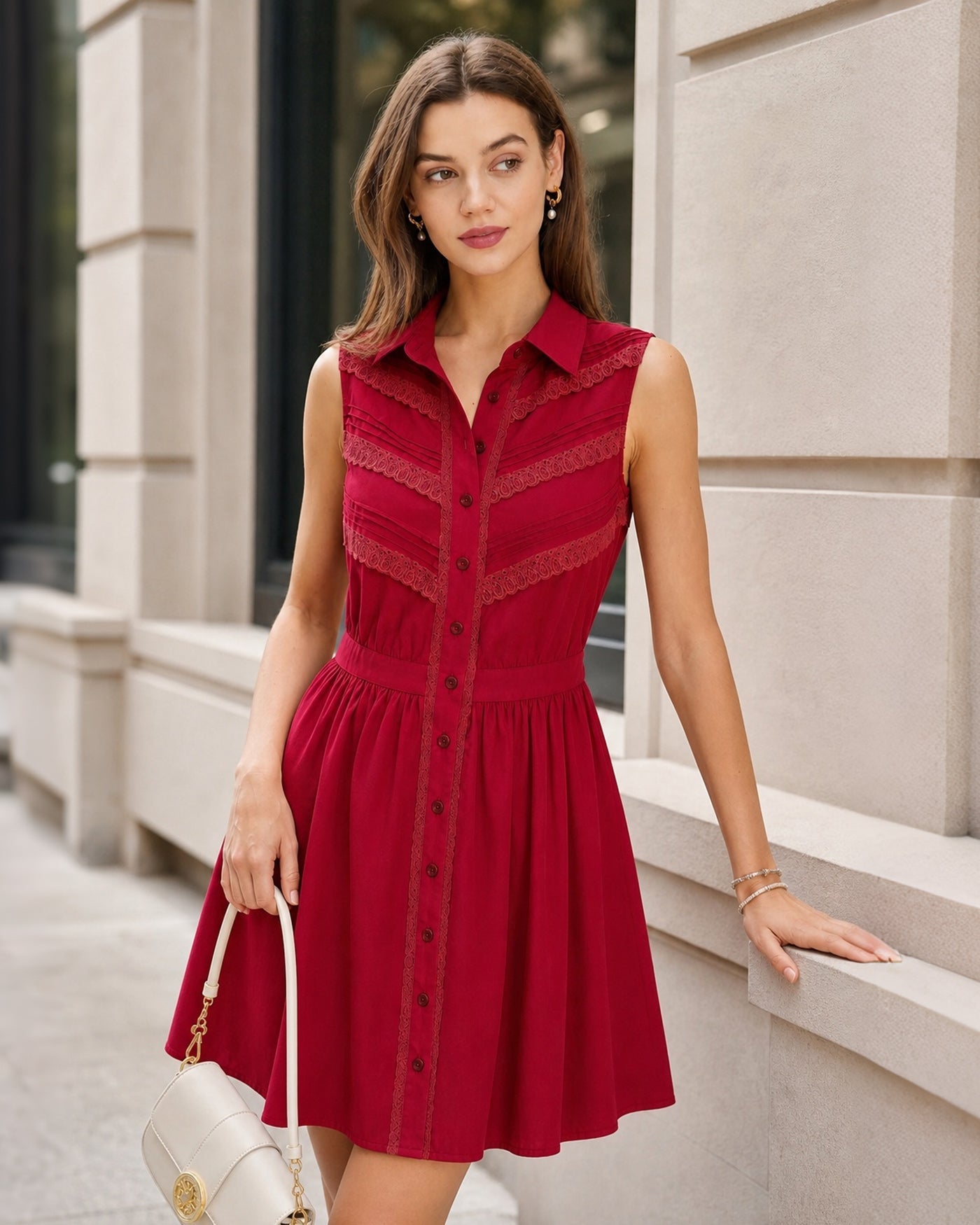 Red Collar Lace Button Mini Dress