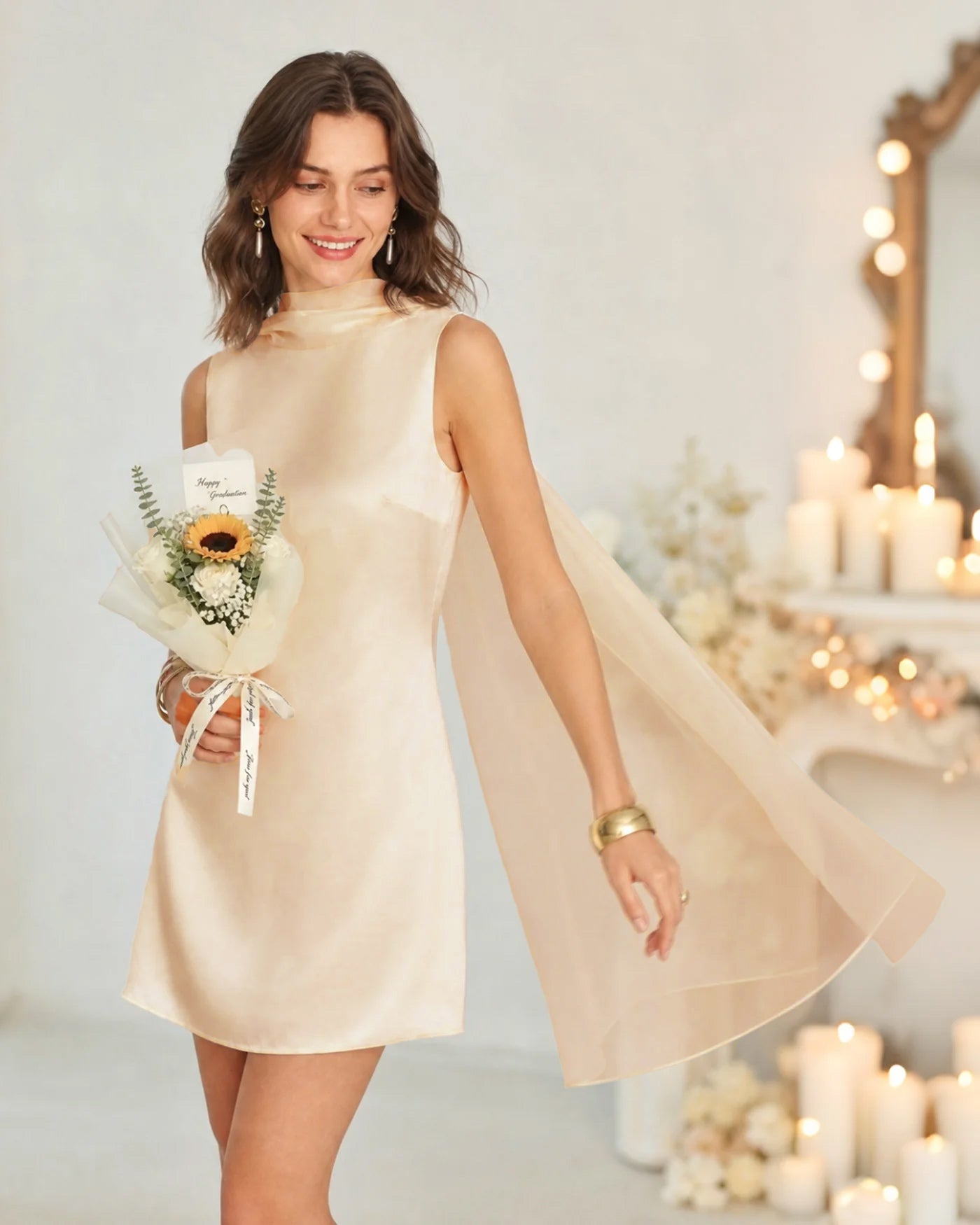 Apricot Boat Neck Tie Satin Mini Dress