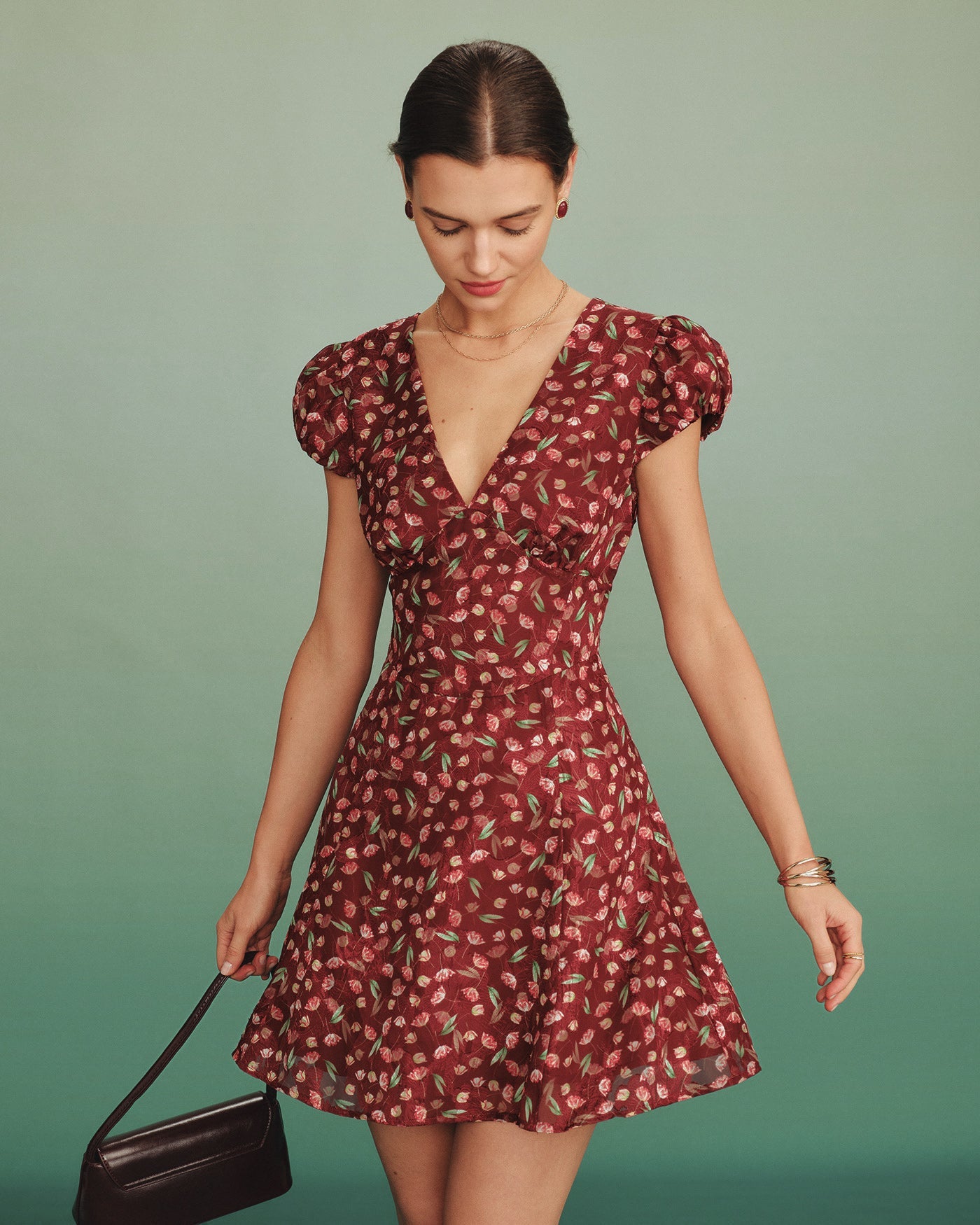 Red V Neck Jacquard Tunic Mini Dress