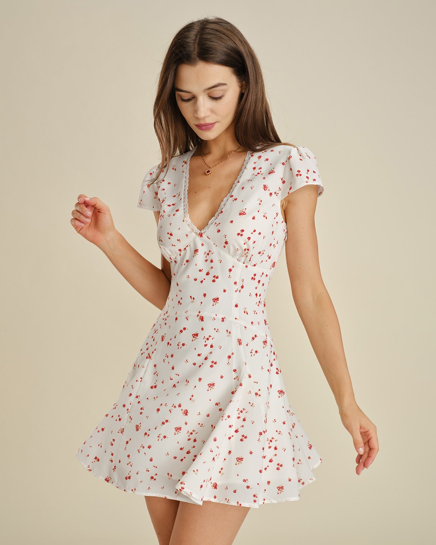 Off White V Neck Lace Floral Mini Dress