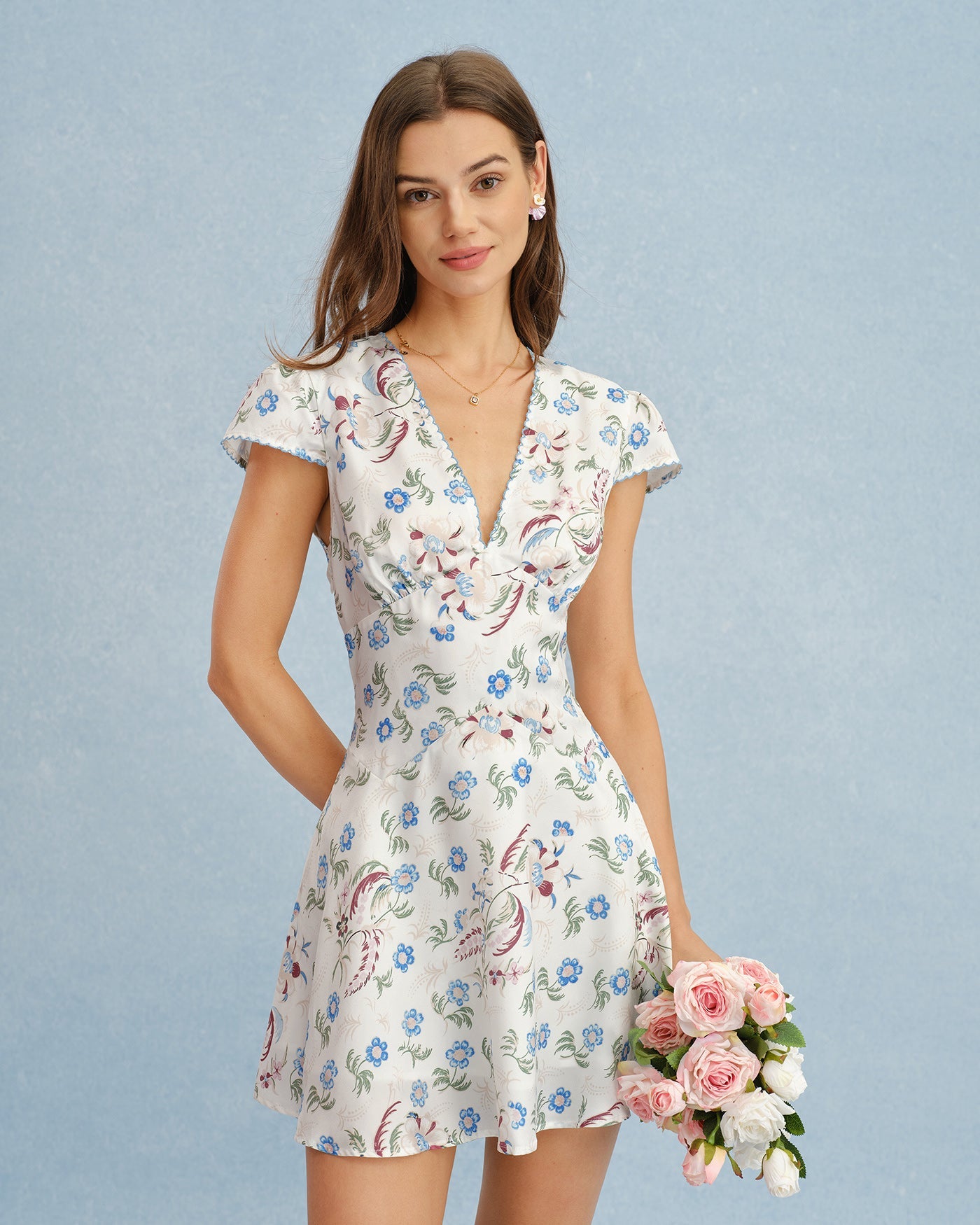 Off White V Neck Floral Tunic Mini Dress