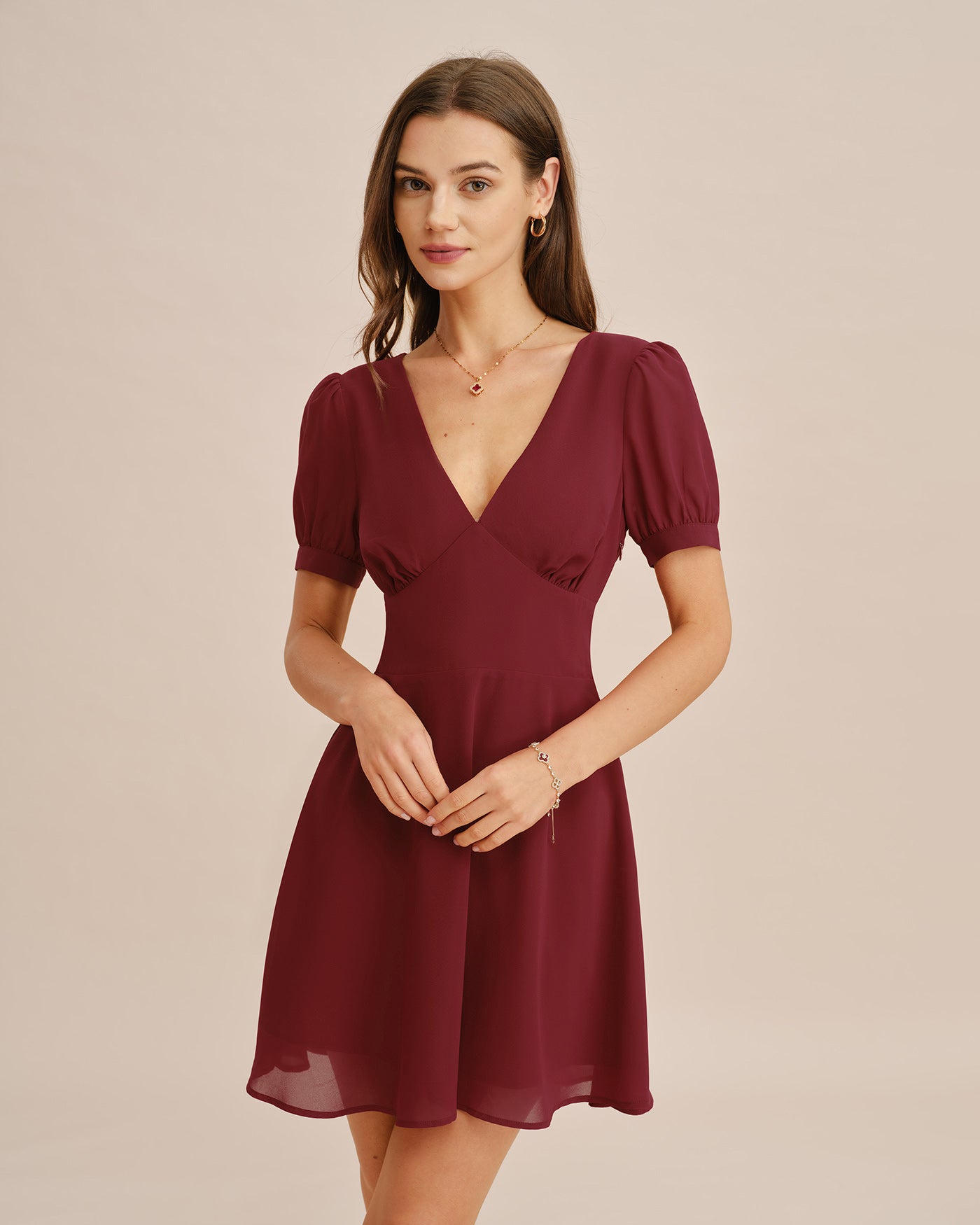 Red V Neck Puffed Sleeve Mini Dress