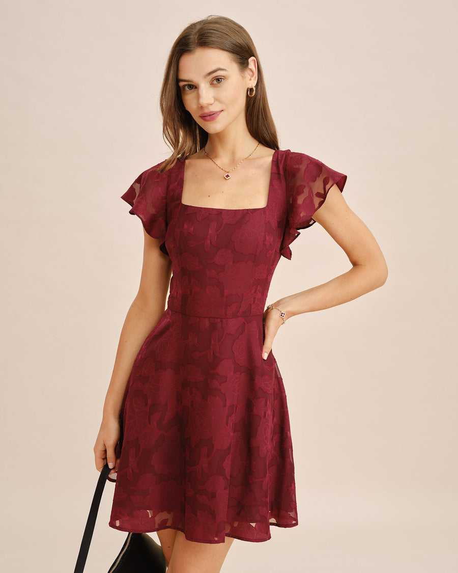 Wine Red Square Neck Jacquard Mini Dress