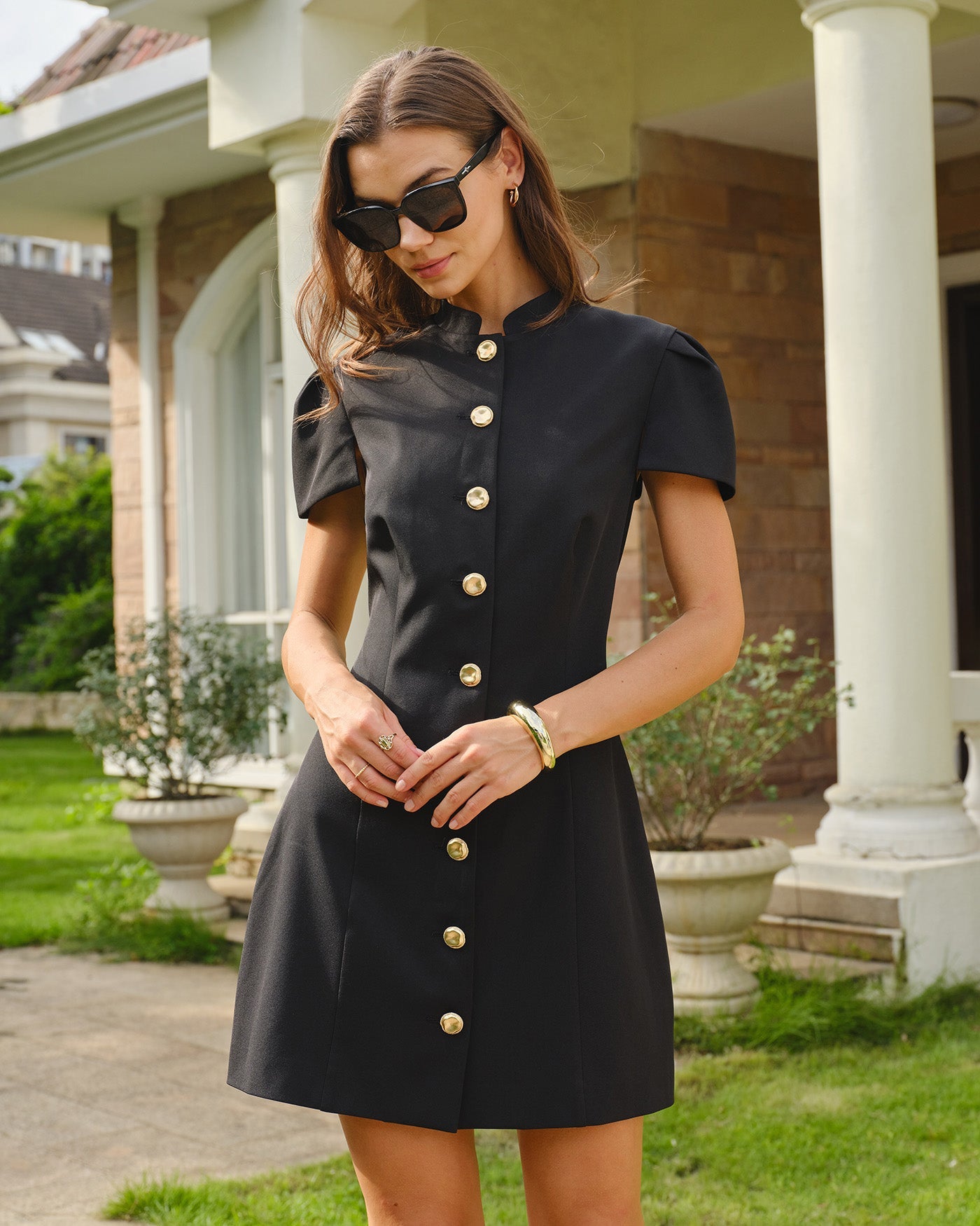 Black Mandarin Collar Button Mini Dress