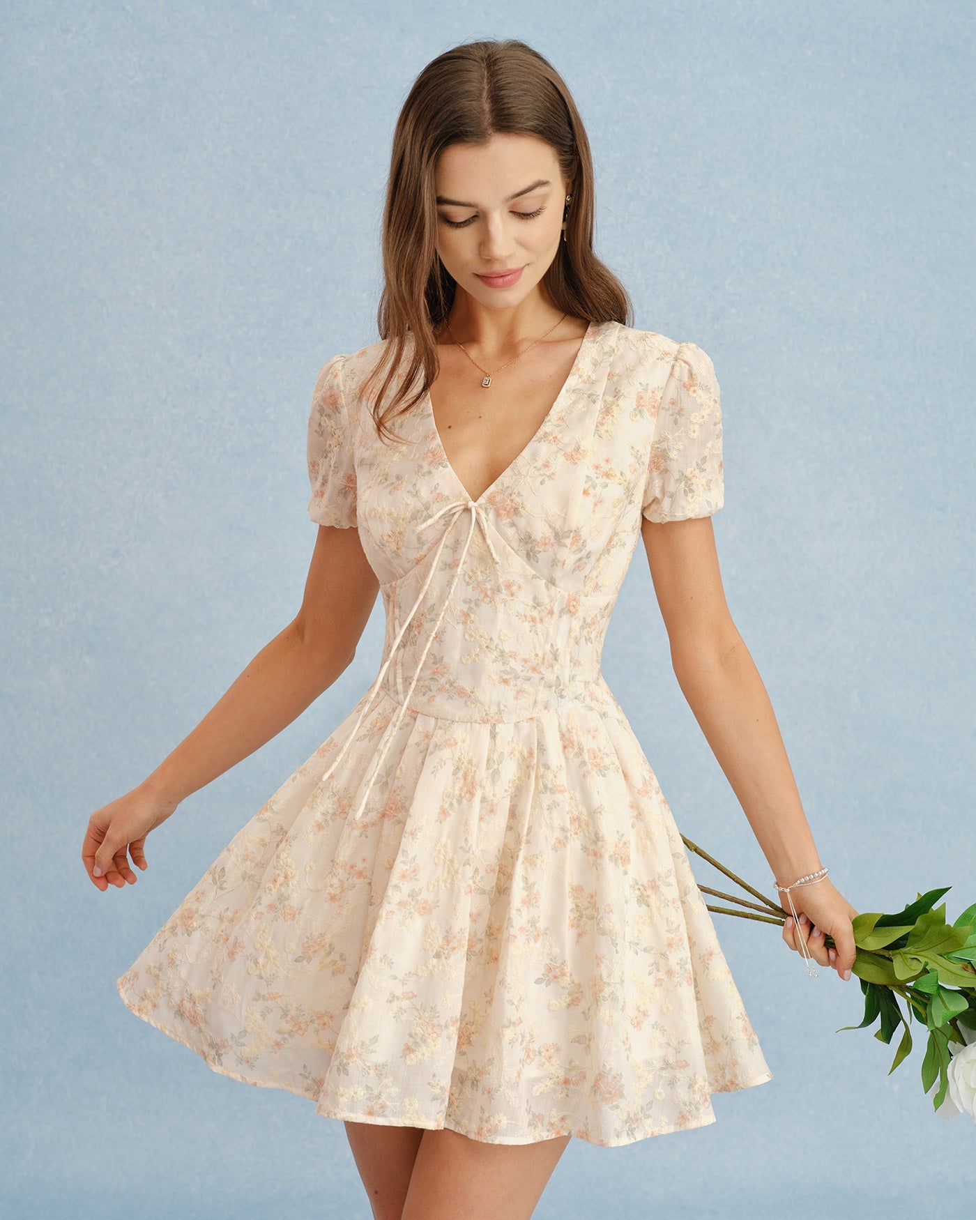 Orange V Neck Tie Floral Mini Dress