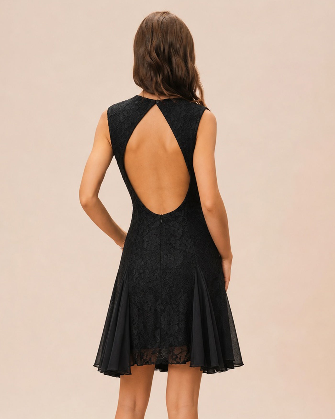 Black Boat Neck Backless Lace Mini Dress