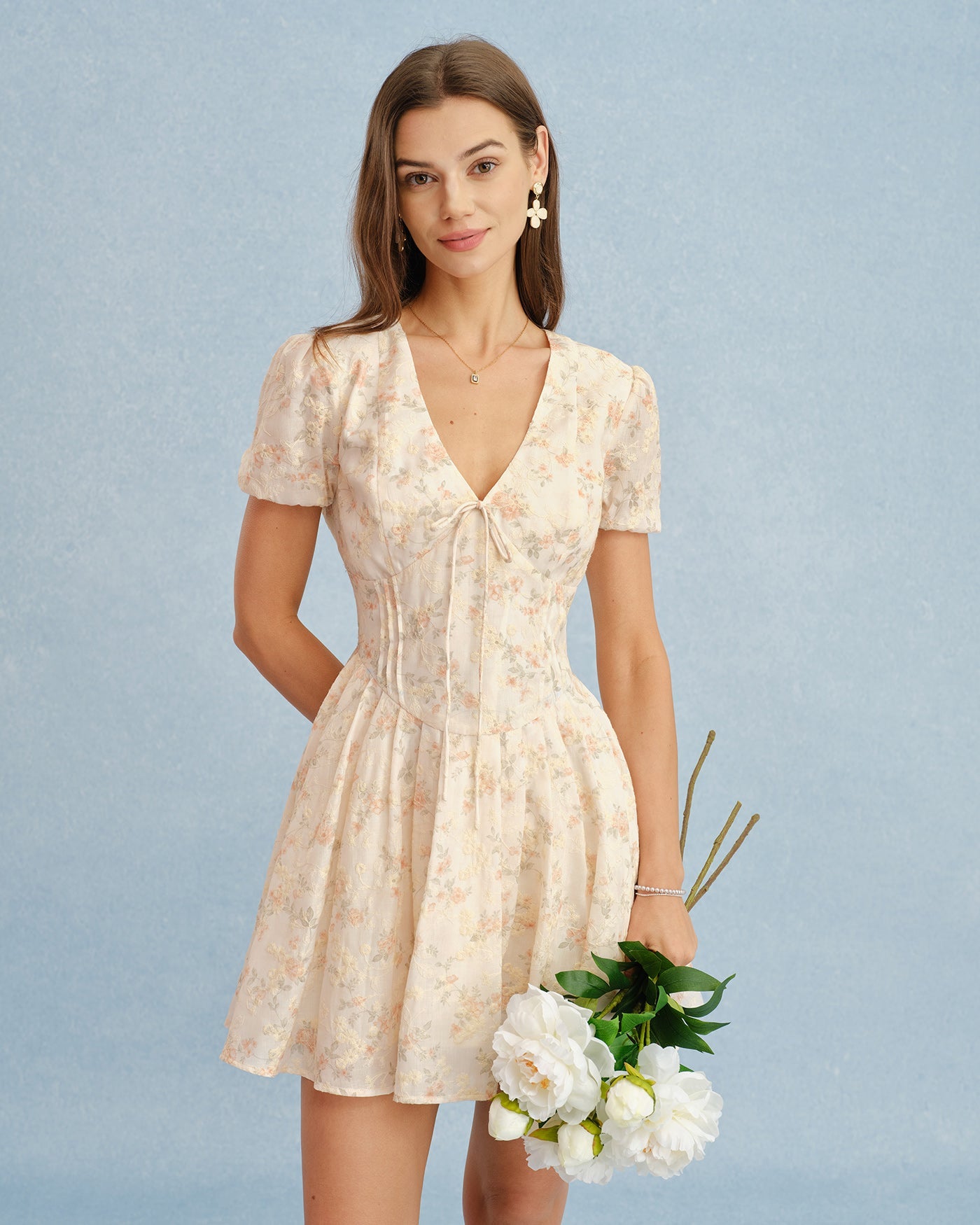 Orange V Neck Tie Floral Mini Dress